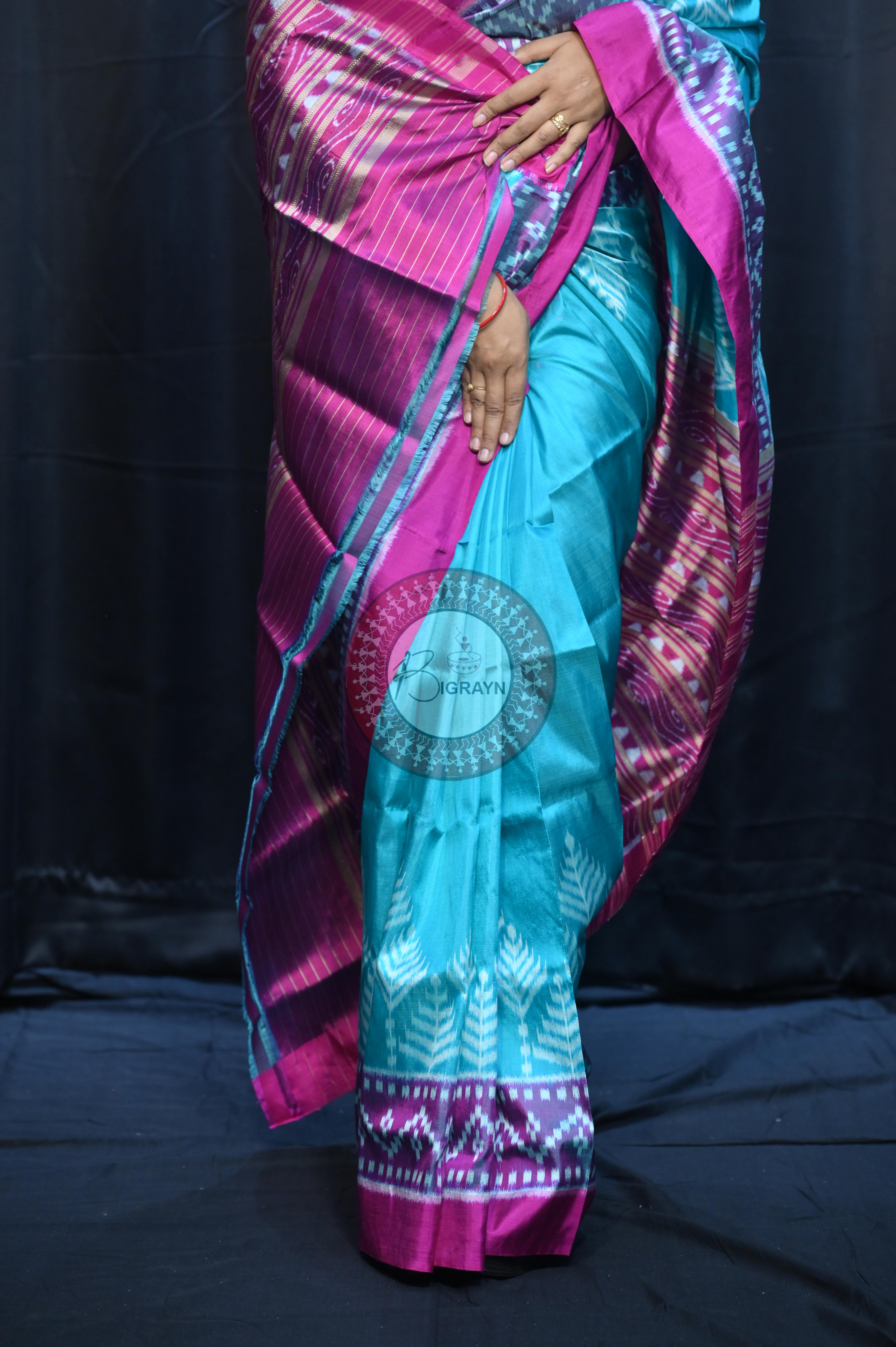 Sea Green Magenta Scot Tree Design Mulberry Silk Saree