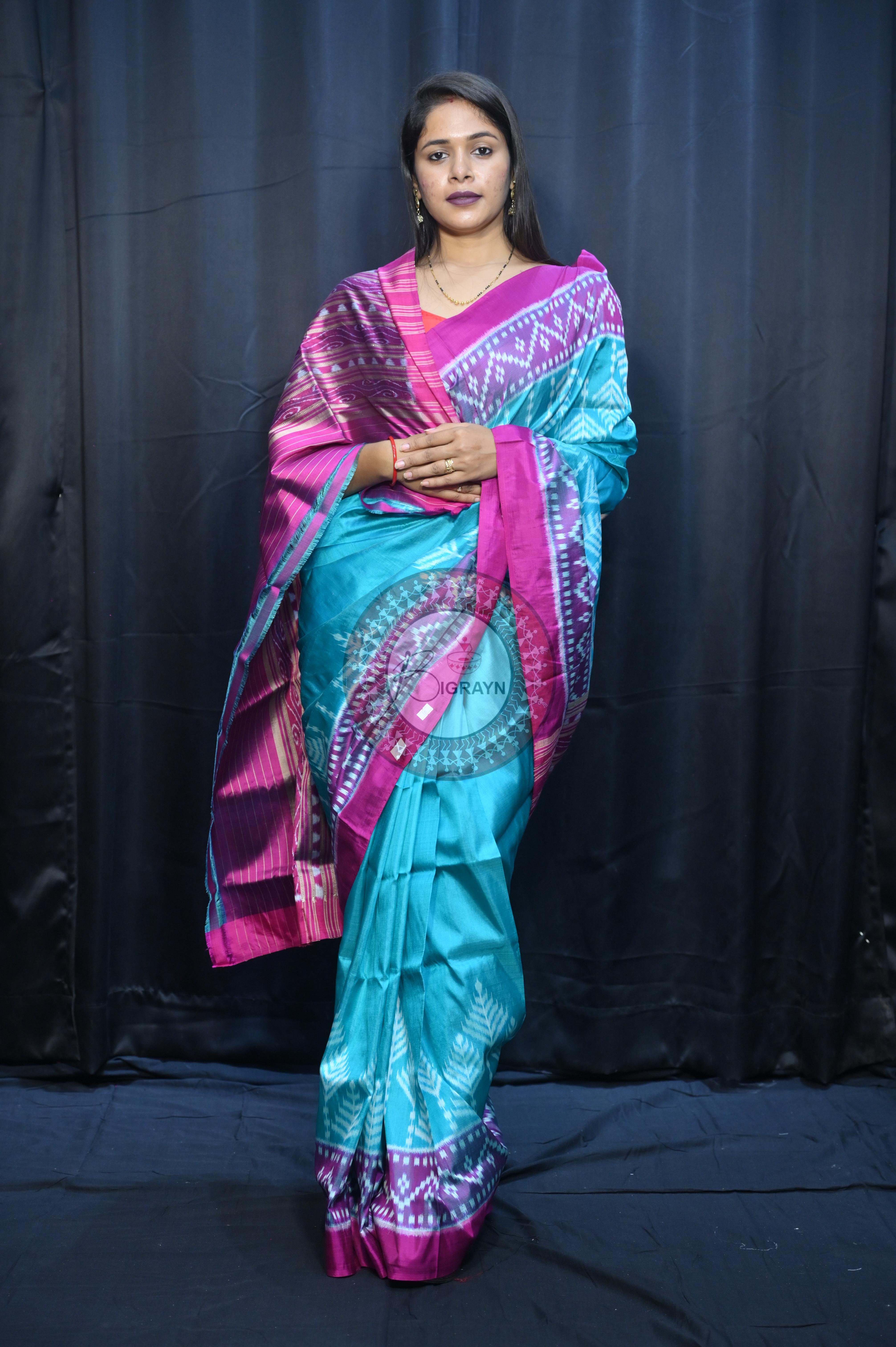 Sea Green Magenta Scot Tree Design Mulberry Silk Saree