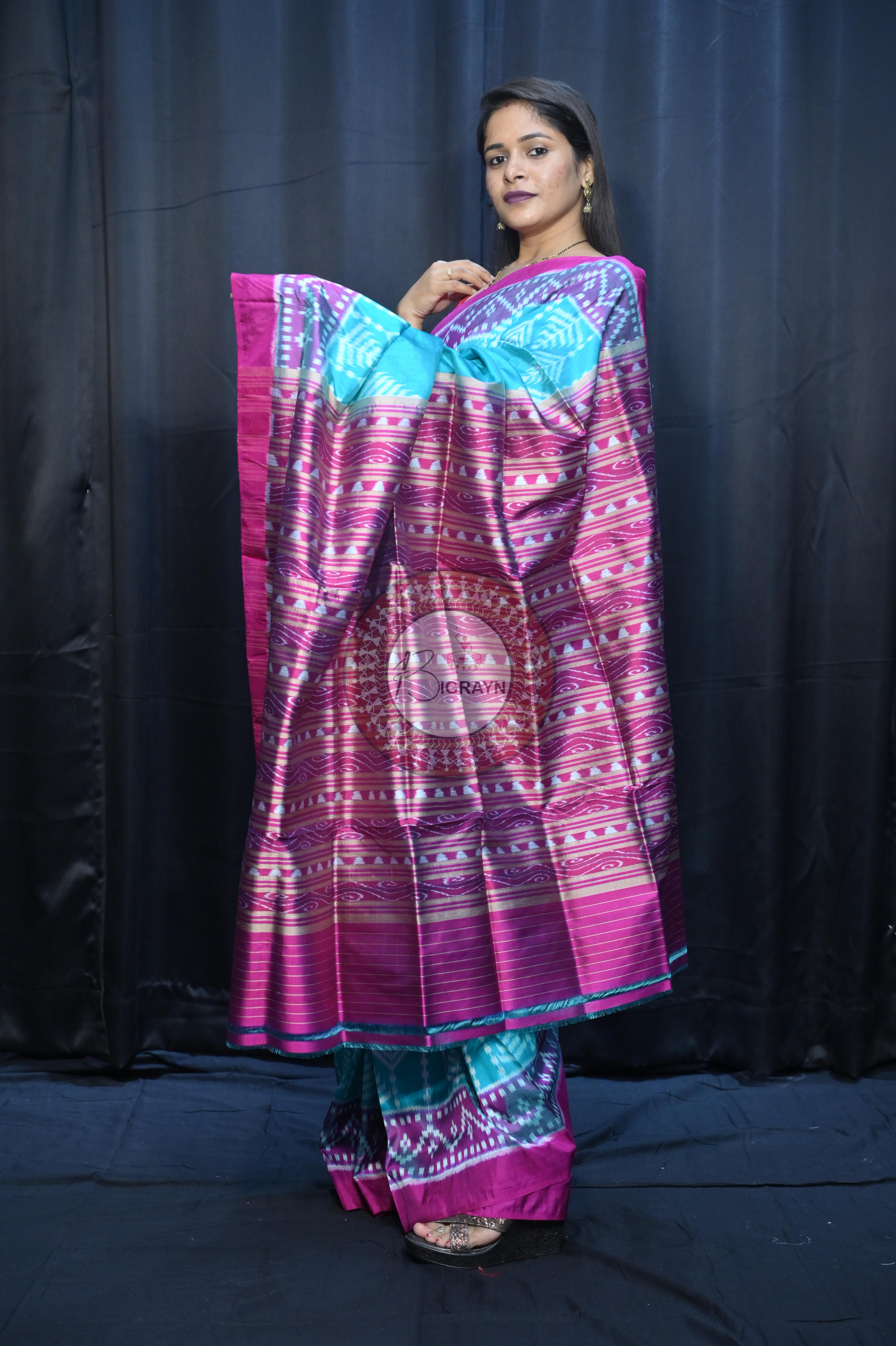 Sea Green Magenta Scot Tree Design Mulberry Silk Saree