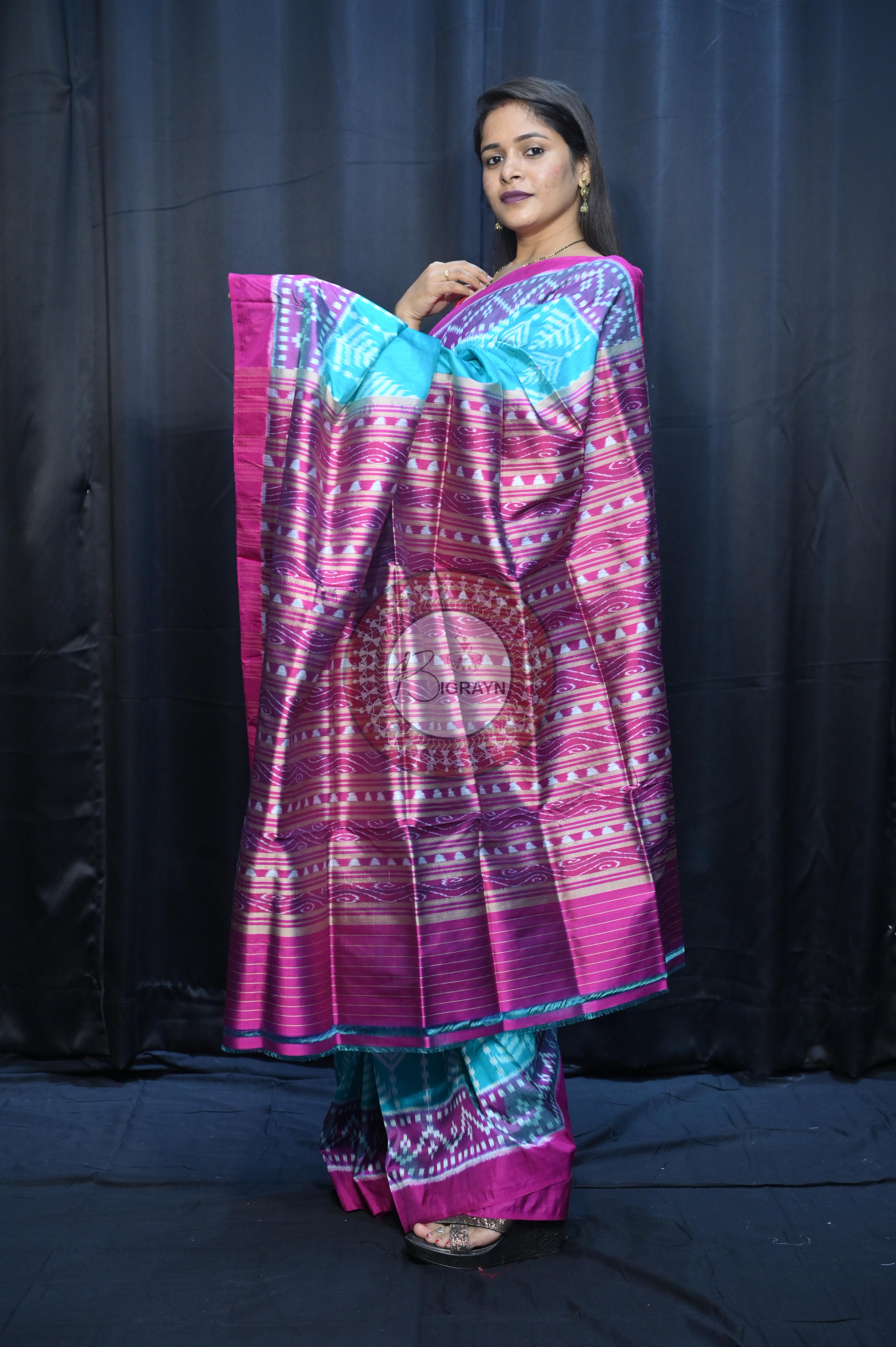 Sea Green Magenta Scot Tree Design Mulberry Silk Saree