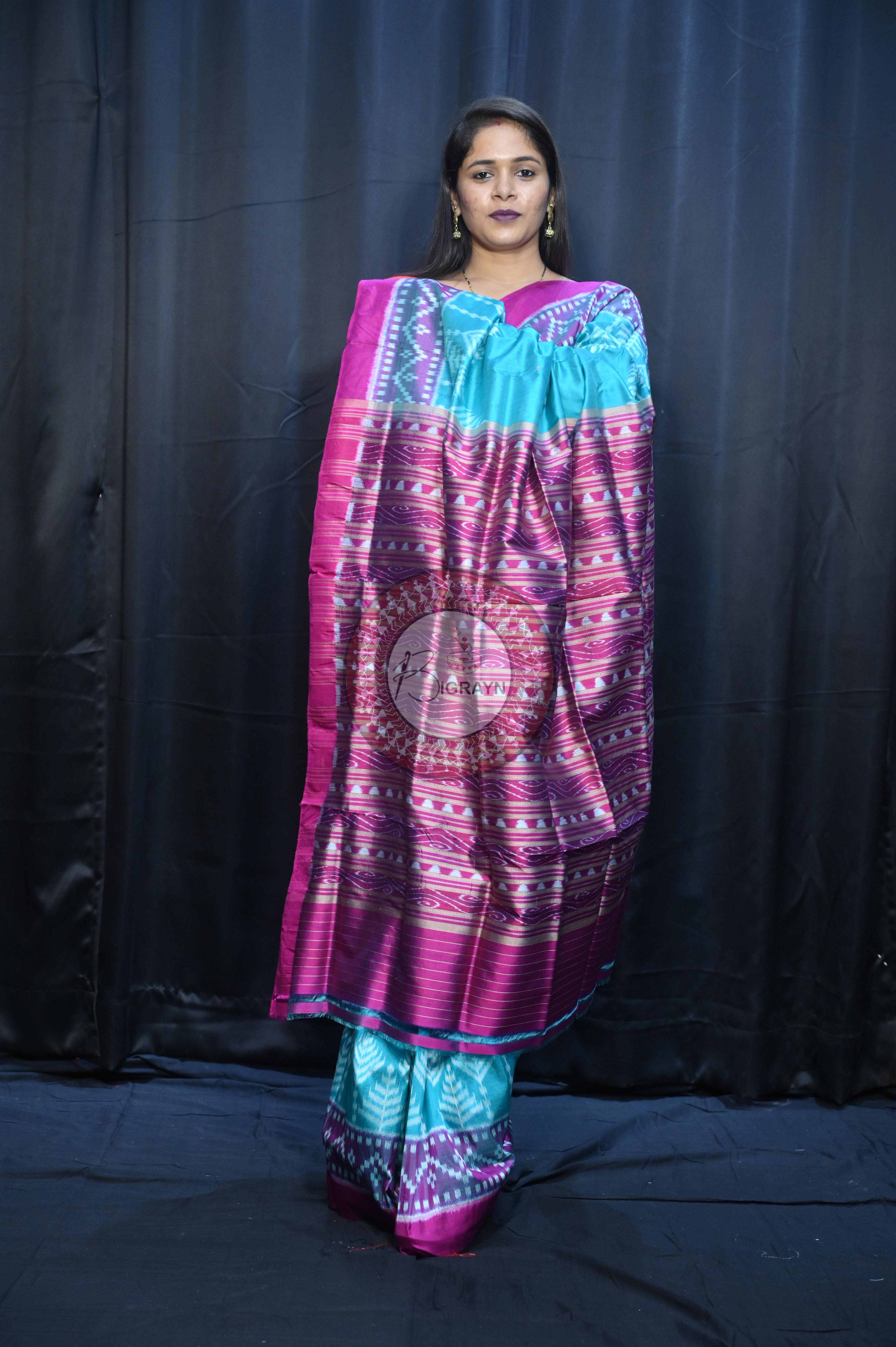 Sea Green Magenta Scot Tree Design Mulberry Silk Saree