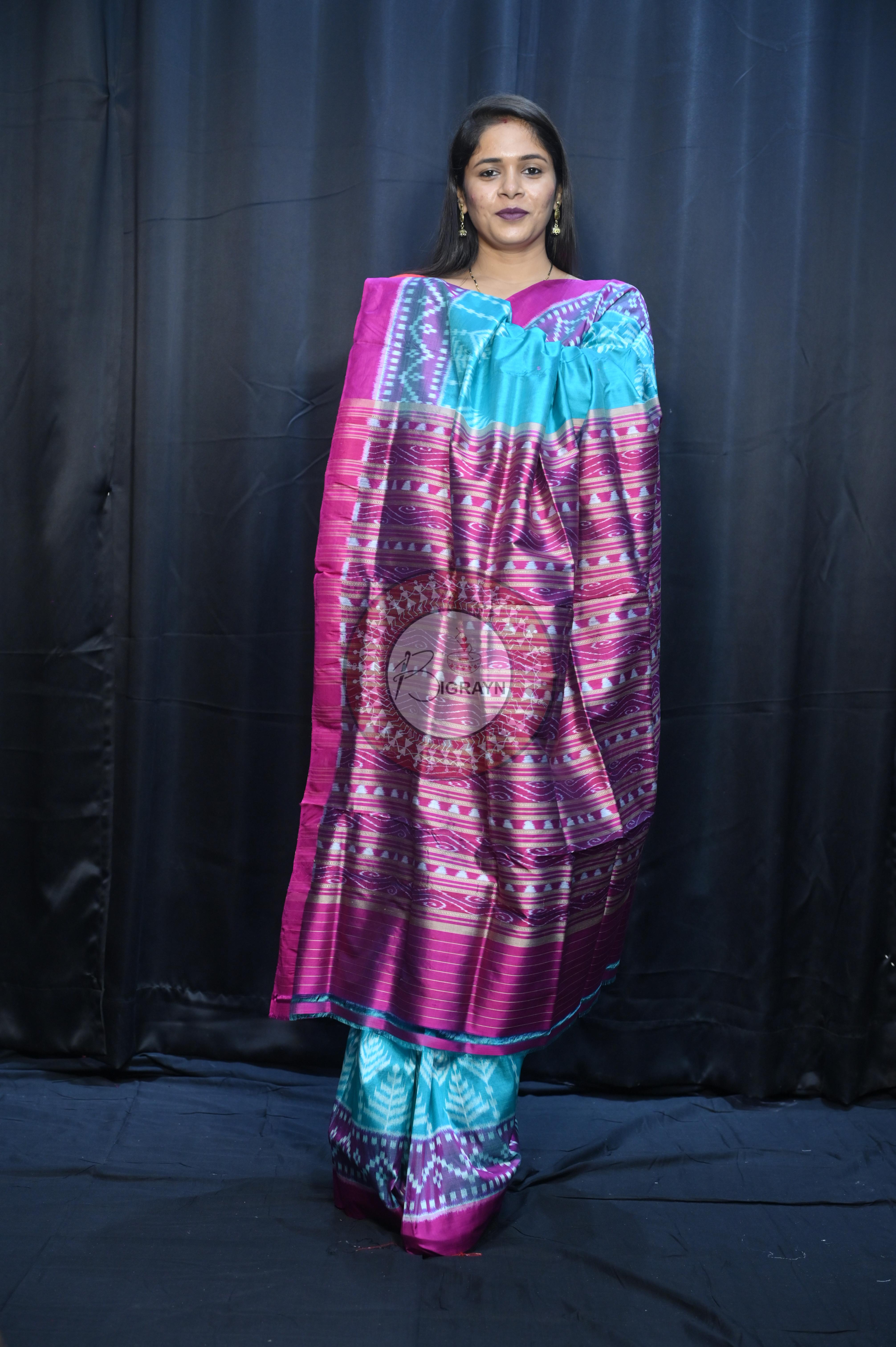 Sea Green Magenta Scot Tree Design Mulberry Silk Saree