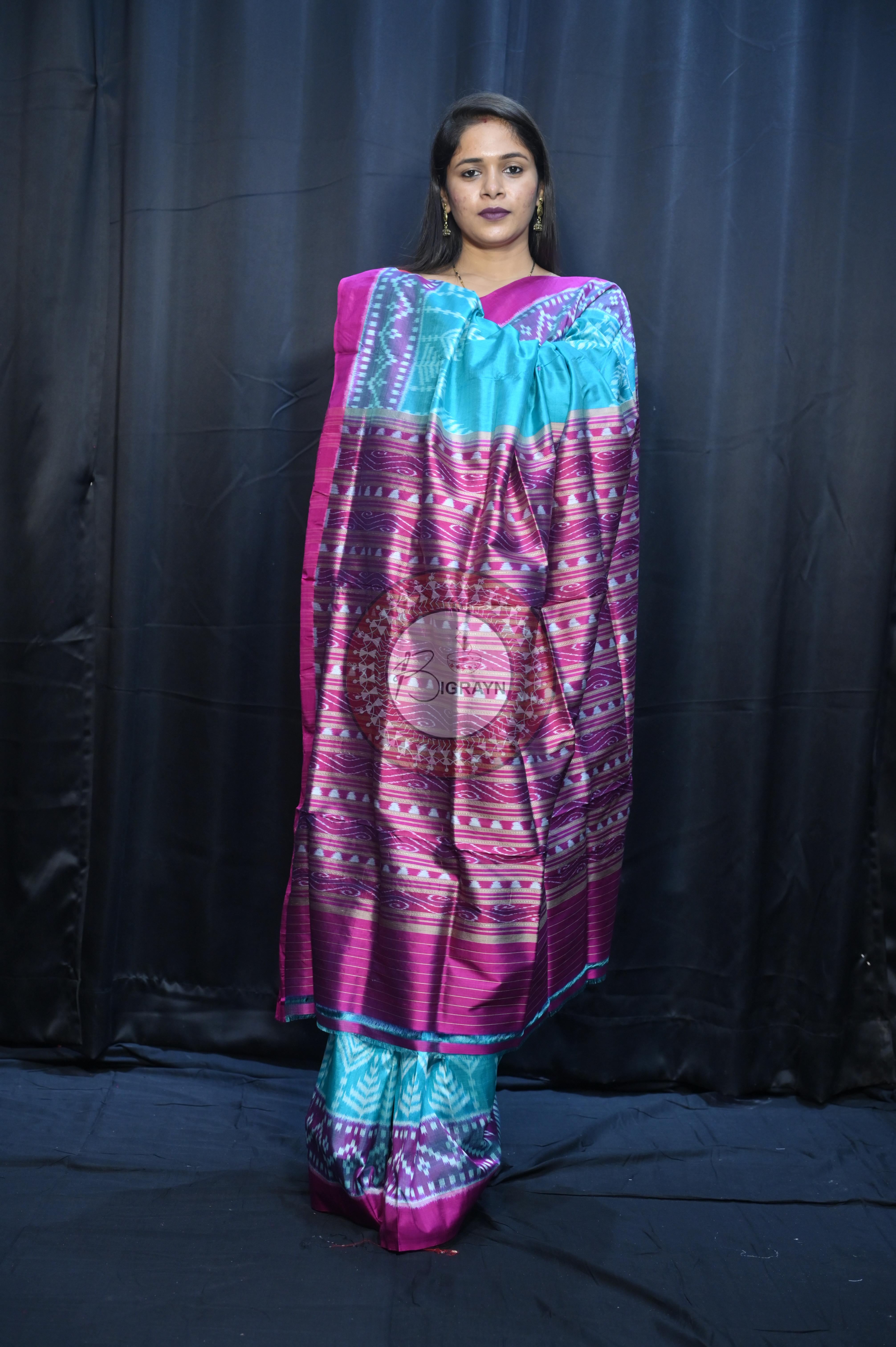 Sea Green Magenta Scot Tree Design Mulberry Silk Saree