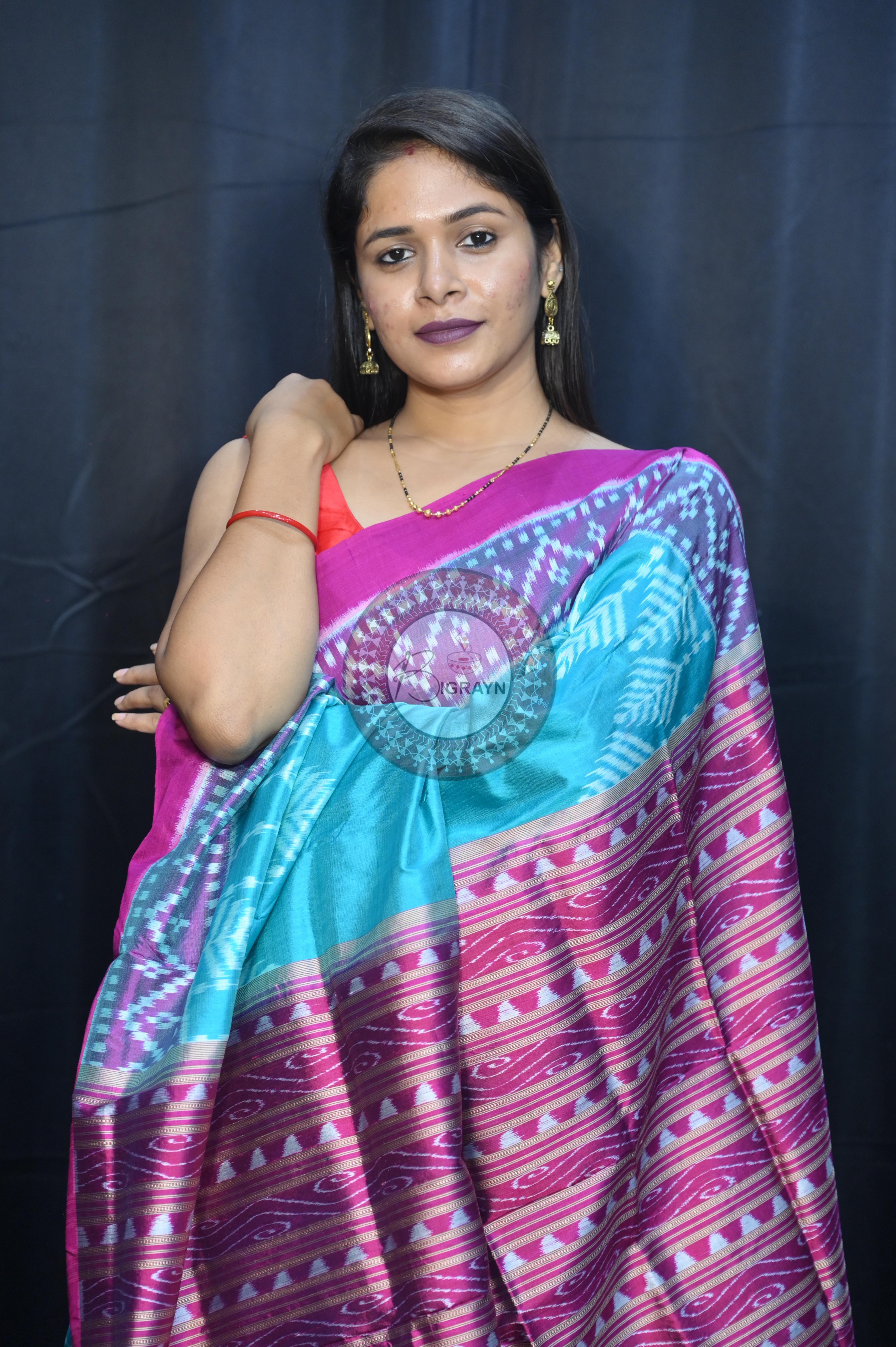 Sea Green Magenta Scot Tree Design Mulberry Silk Saree
