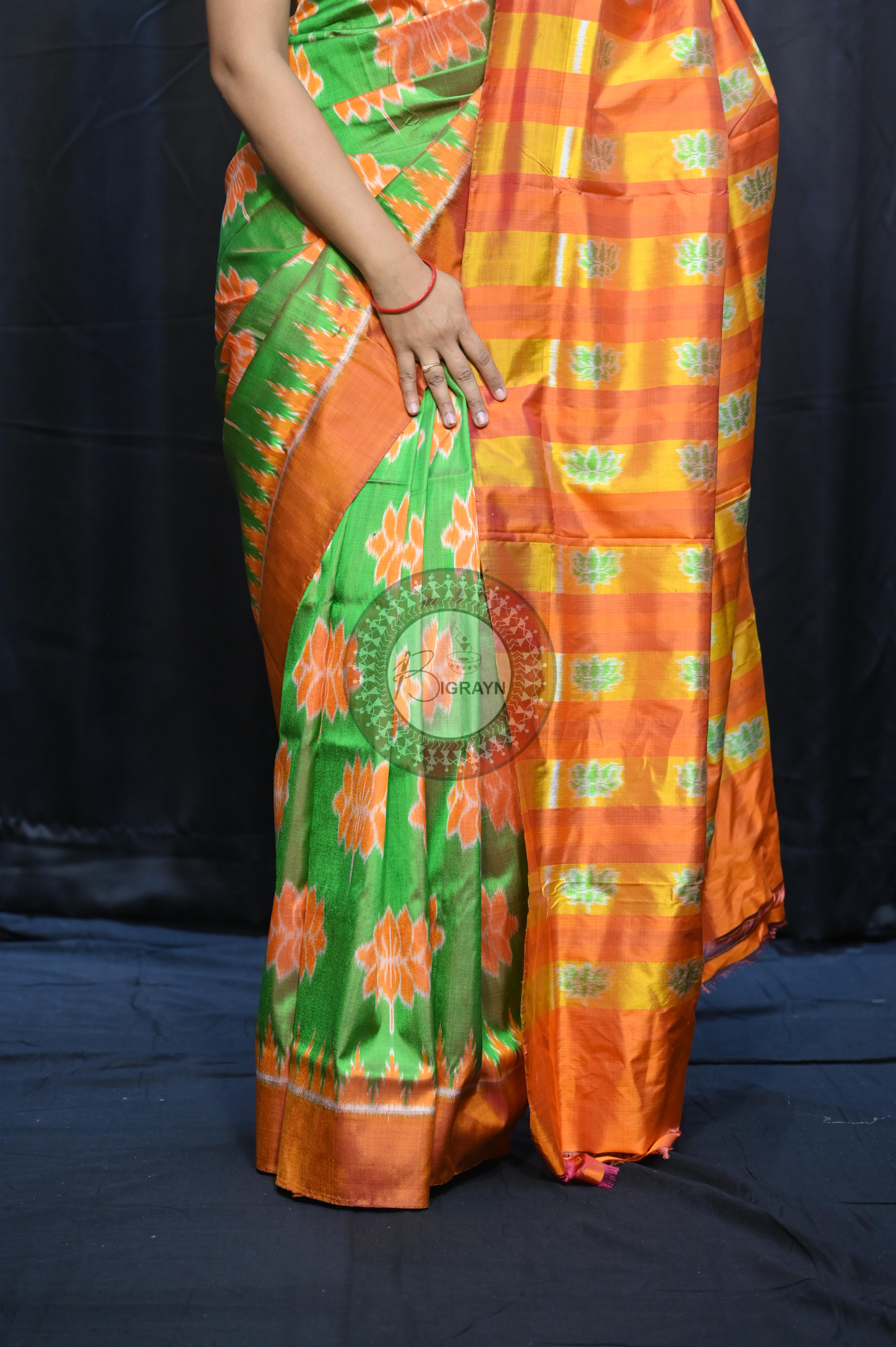 Dual Shade Green Orange Lotus Design Mulberry Silk Saree