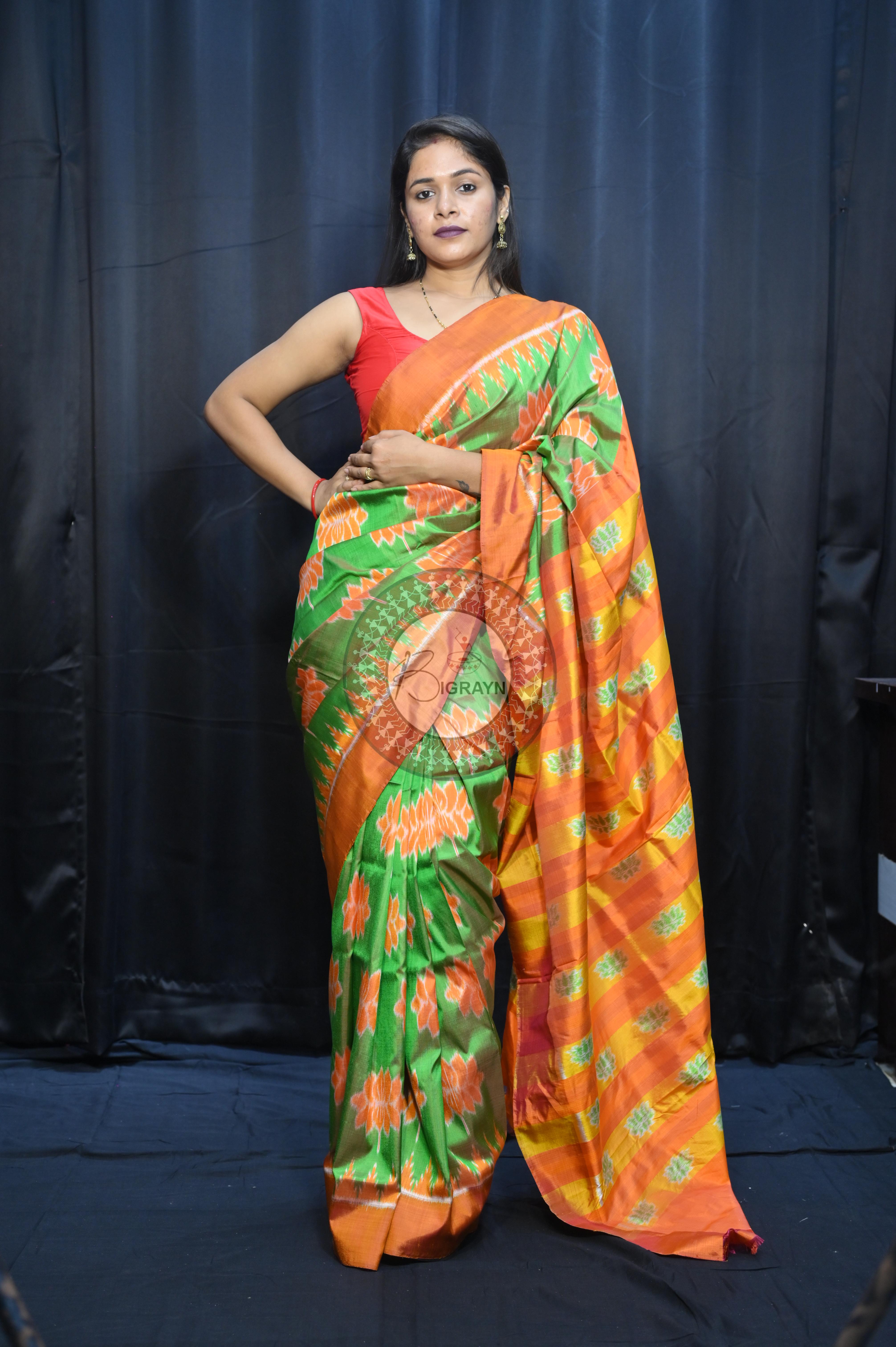 Dual Shade Green Orange Lotus Design Mulberry Silk Saree