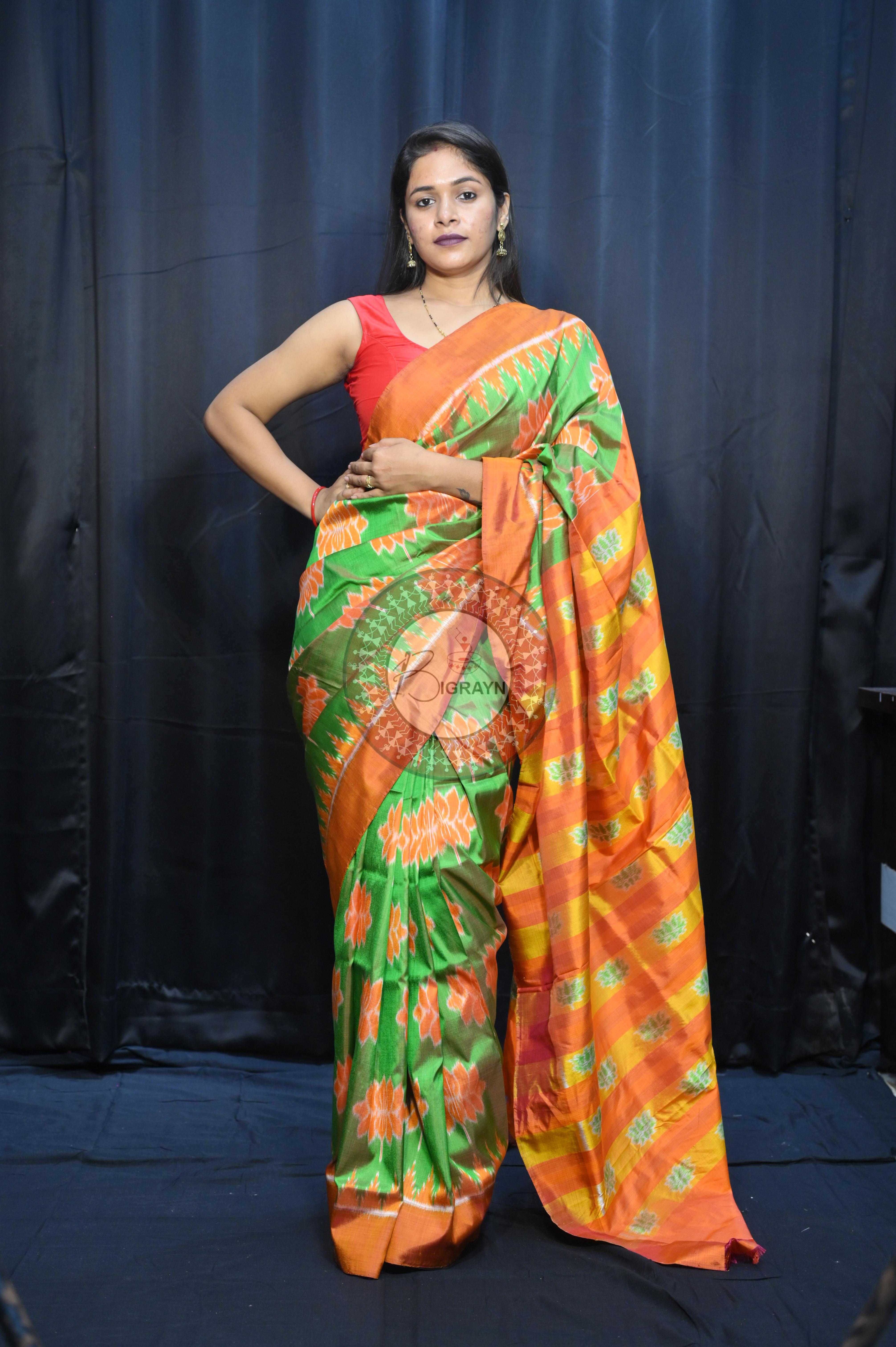 Dual Shade Green Orange Lotus Design Mulberry Silk Saree
