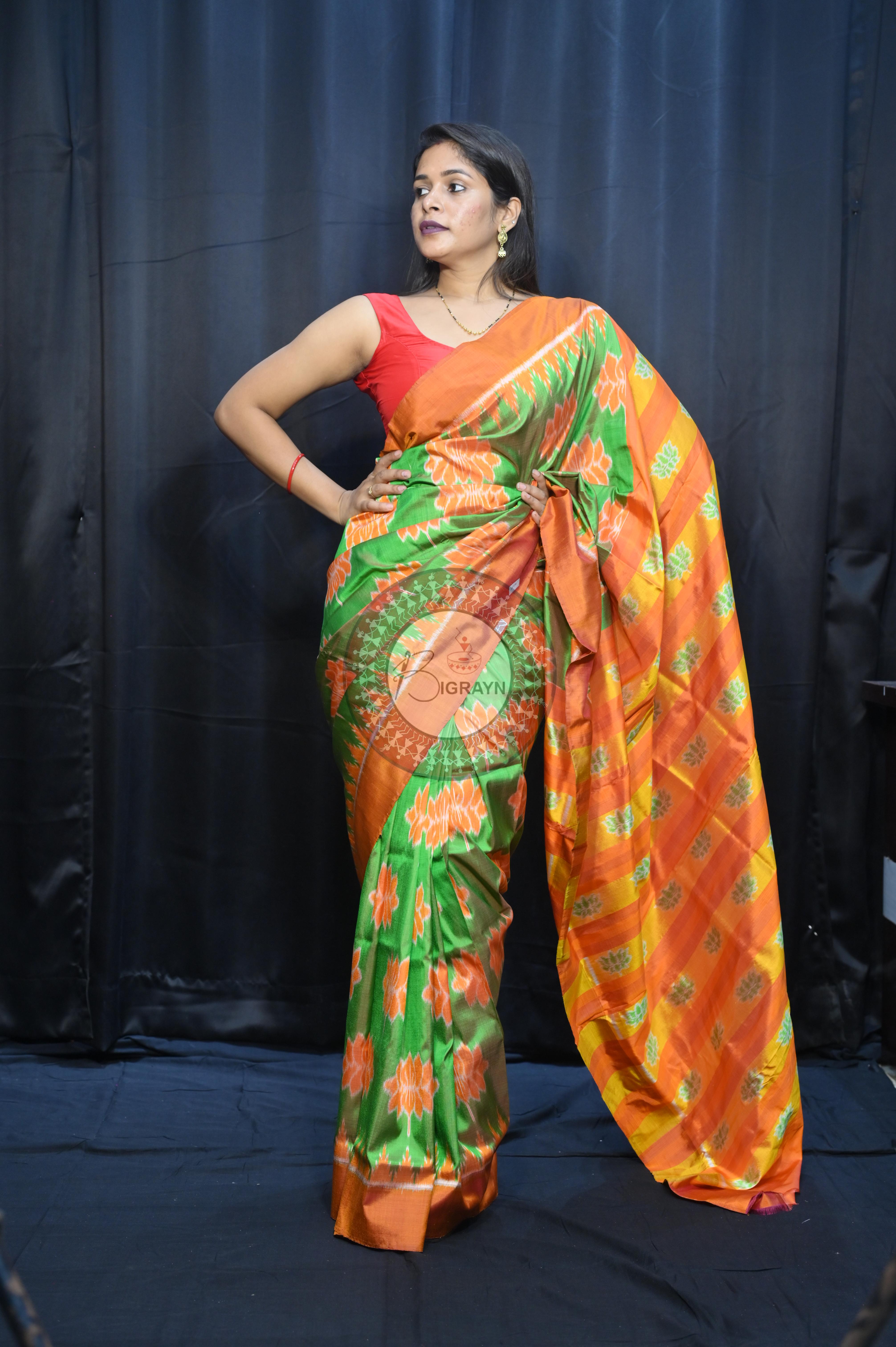 Dual Shade Green Orange Lotus Design Mulberry Silk Saree
