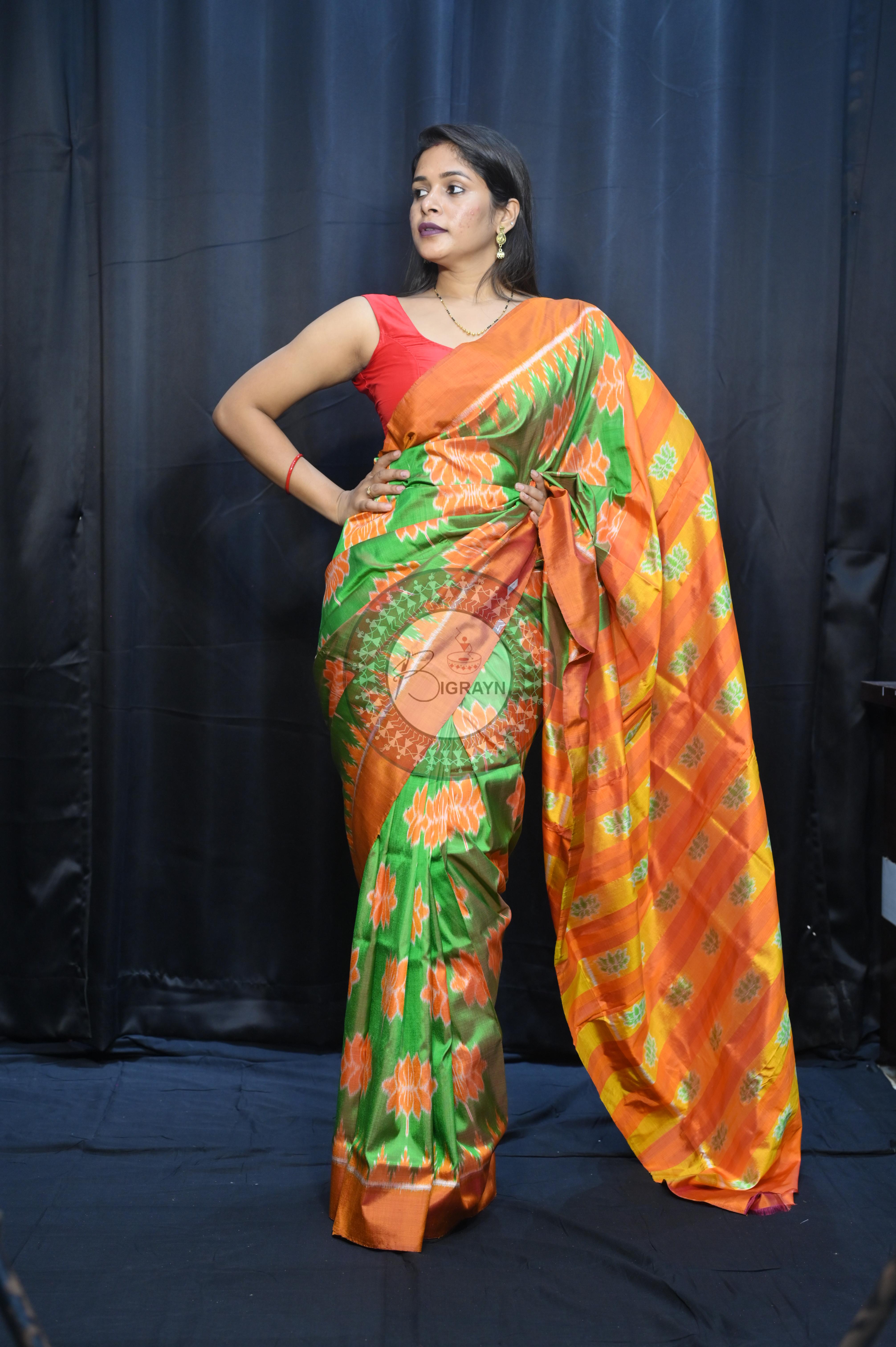 Dual Shade Green Orange Lotus Design Mulberry Silk Saree