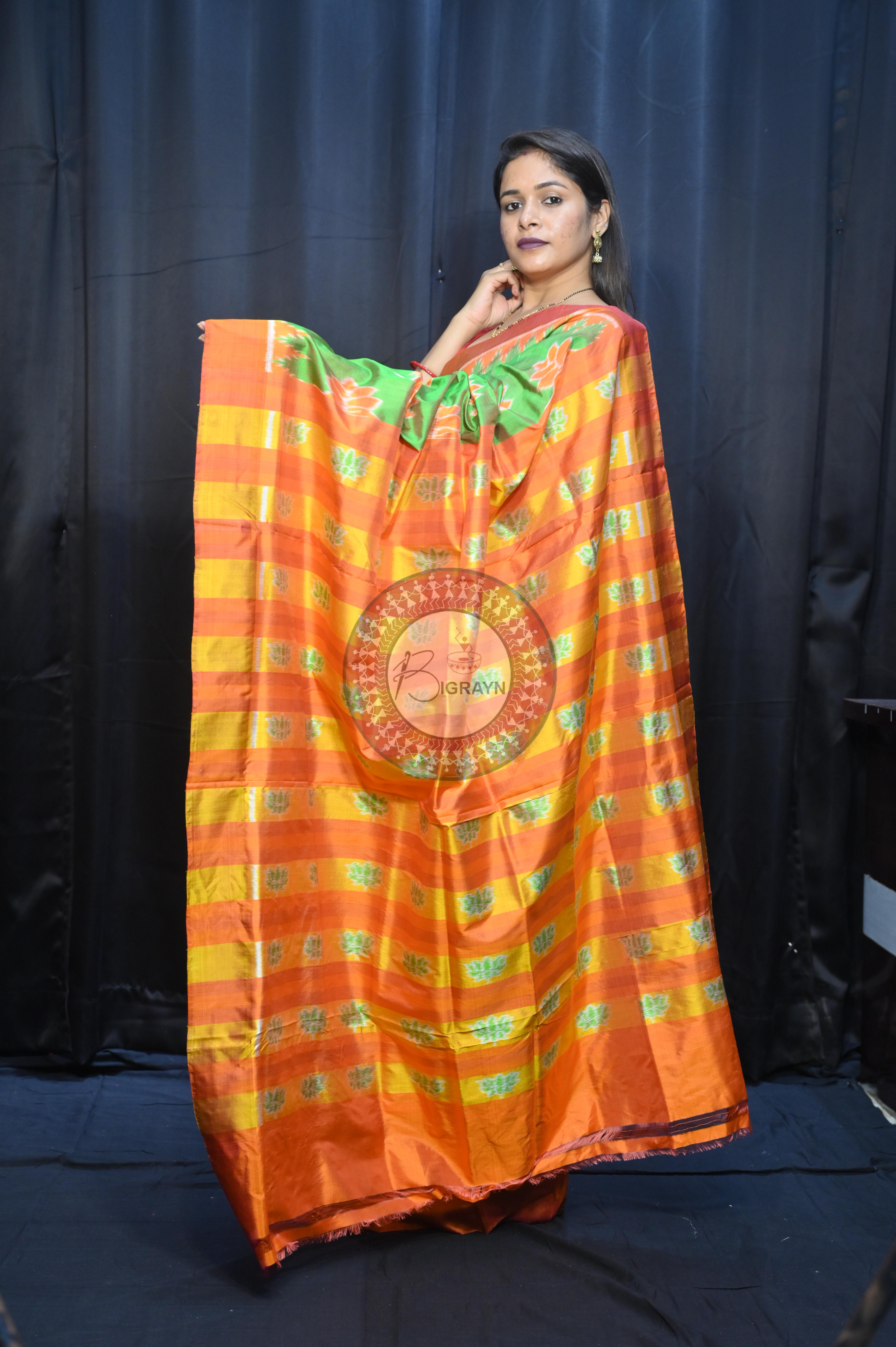 Dual Shade Green Orange Lotus Design Mulberry Silk Saree