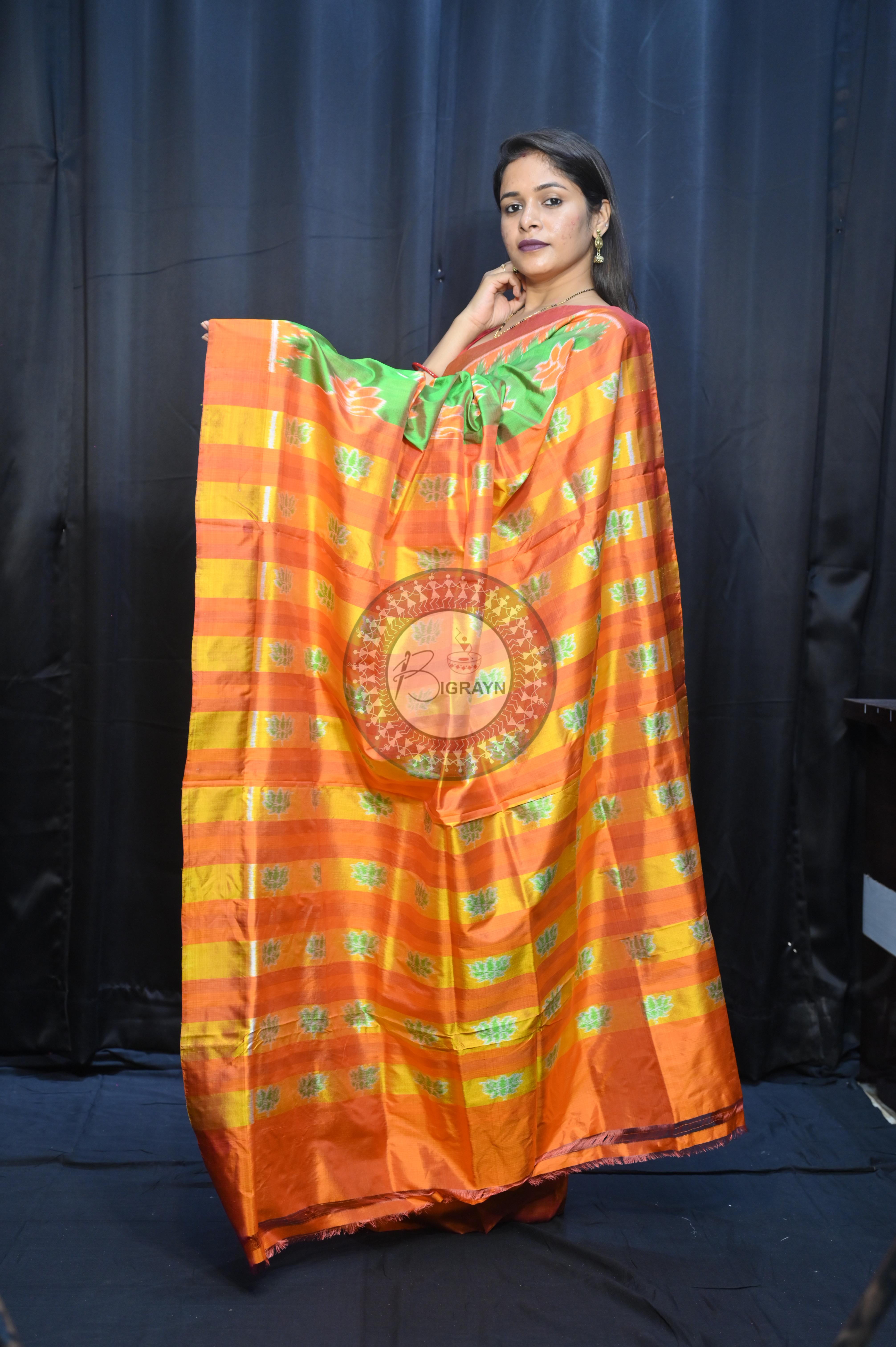 Dual Shade Green Orange Lotus Design Mulberry Silk Saree