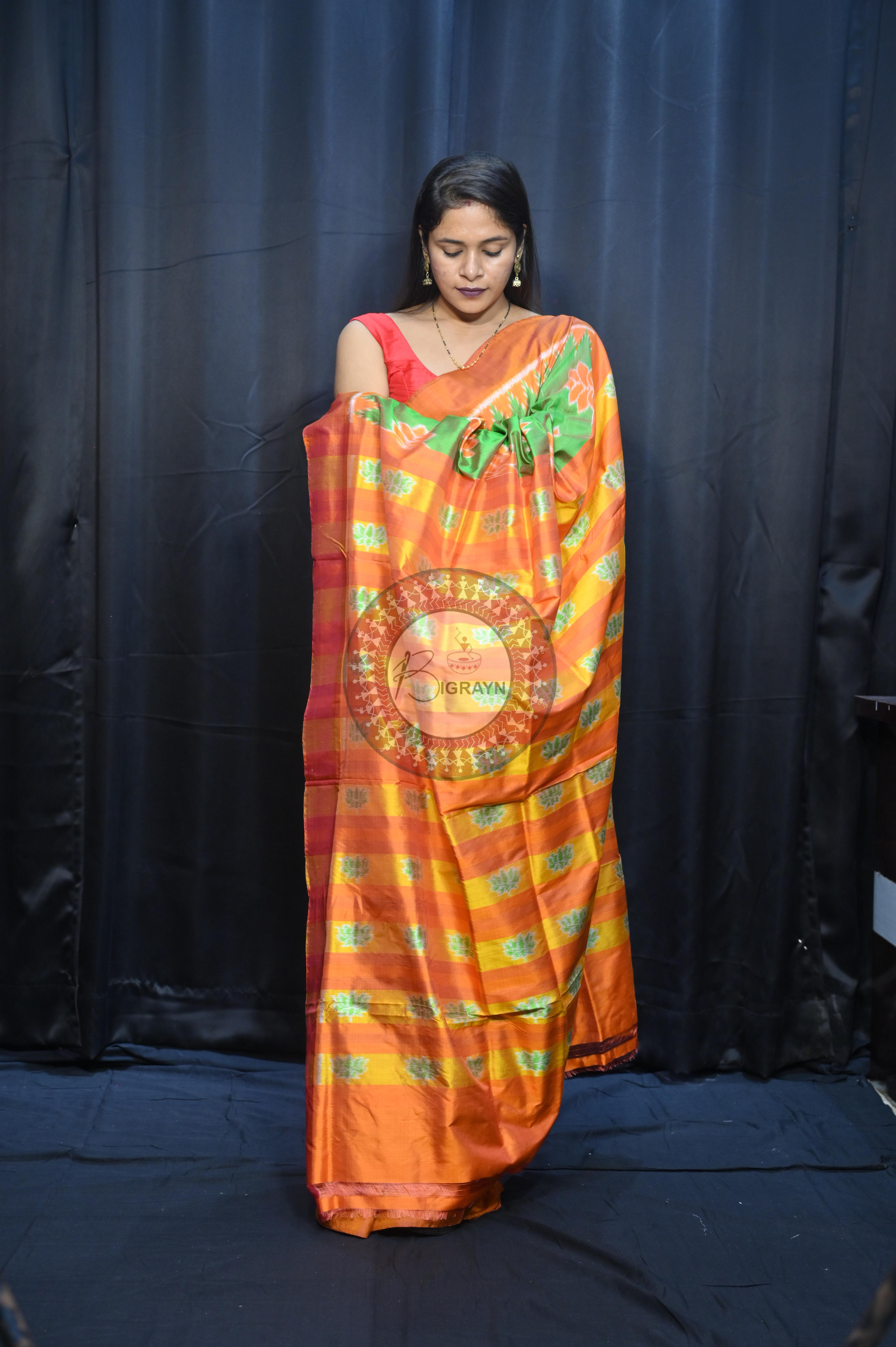 Dual Shade Green Orange Lotus Design Mulberry Silk Saree