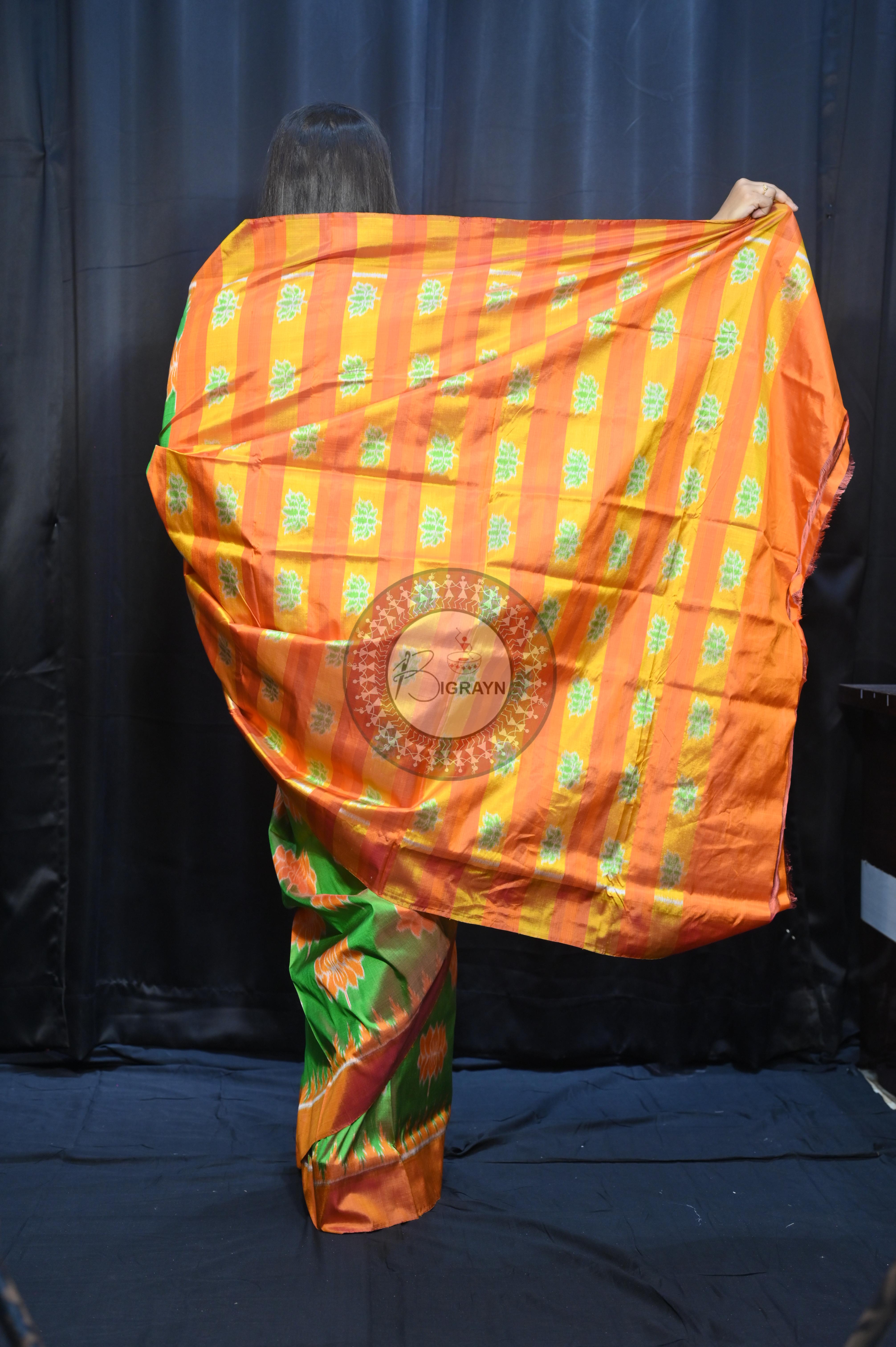 Dual Shade Green Orange Lotus Design Mulberry Silk Saree