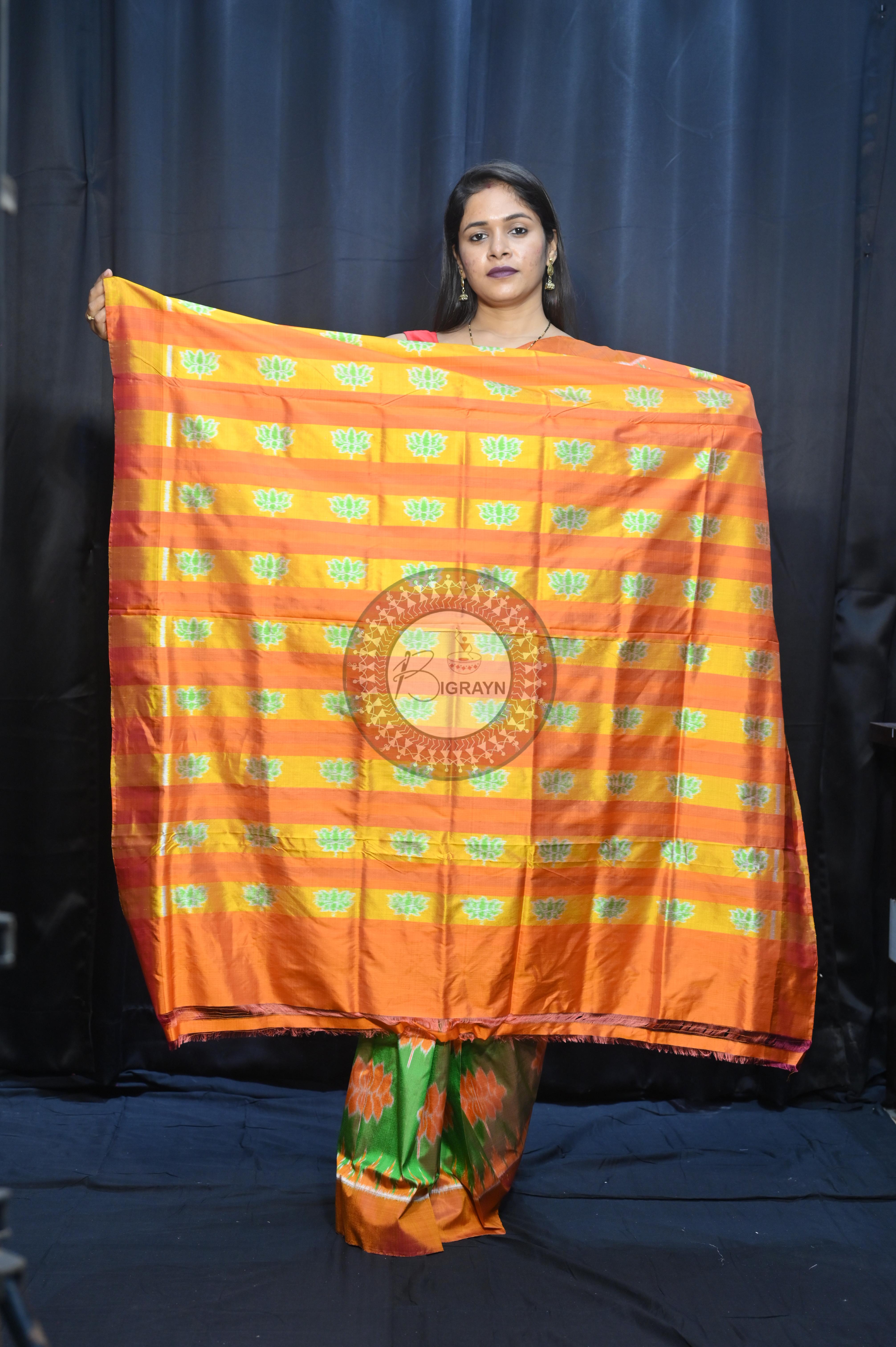 Dual Shade Green Orange Lotus Design Mulberry Silk Saree