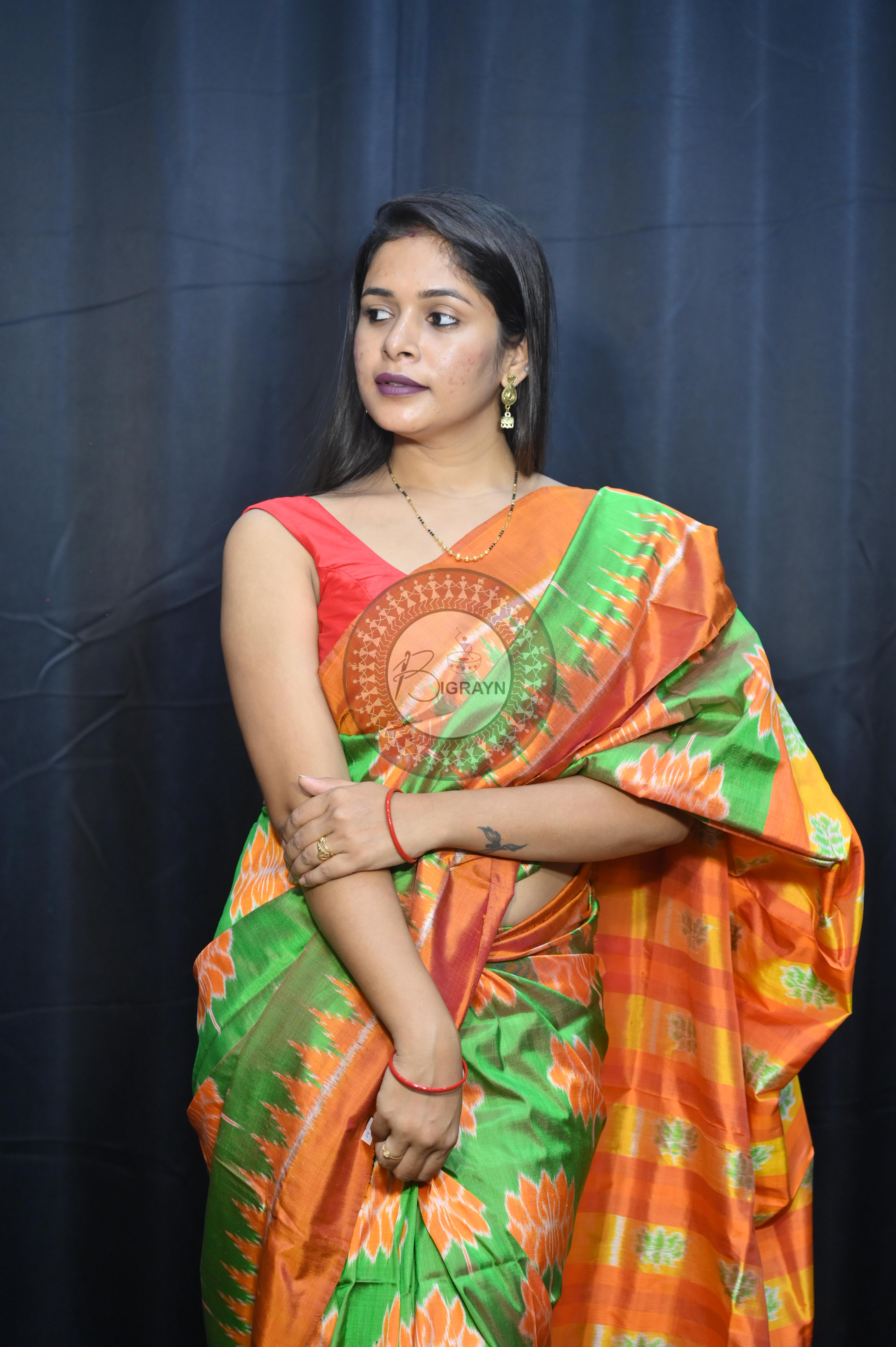 Dual Shade Green Orange Lotus Design Mulberry Silk Saree