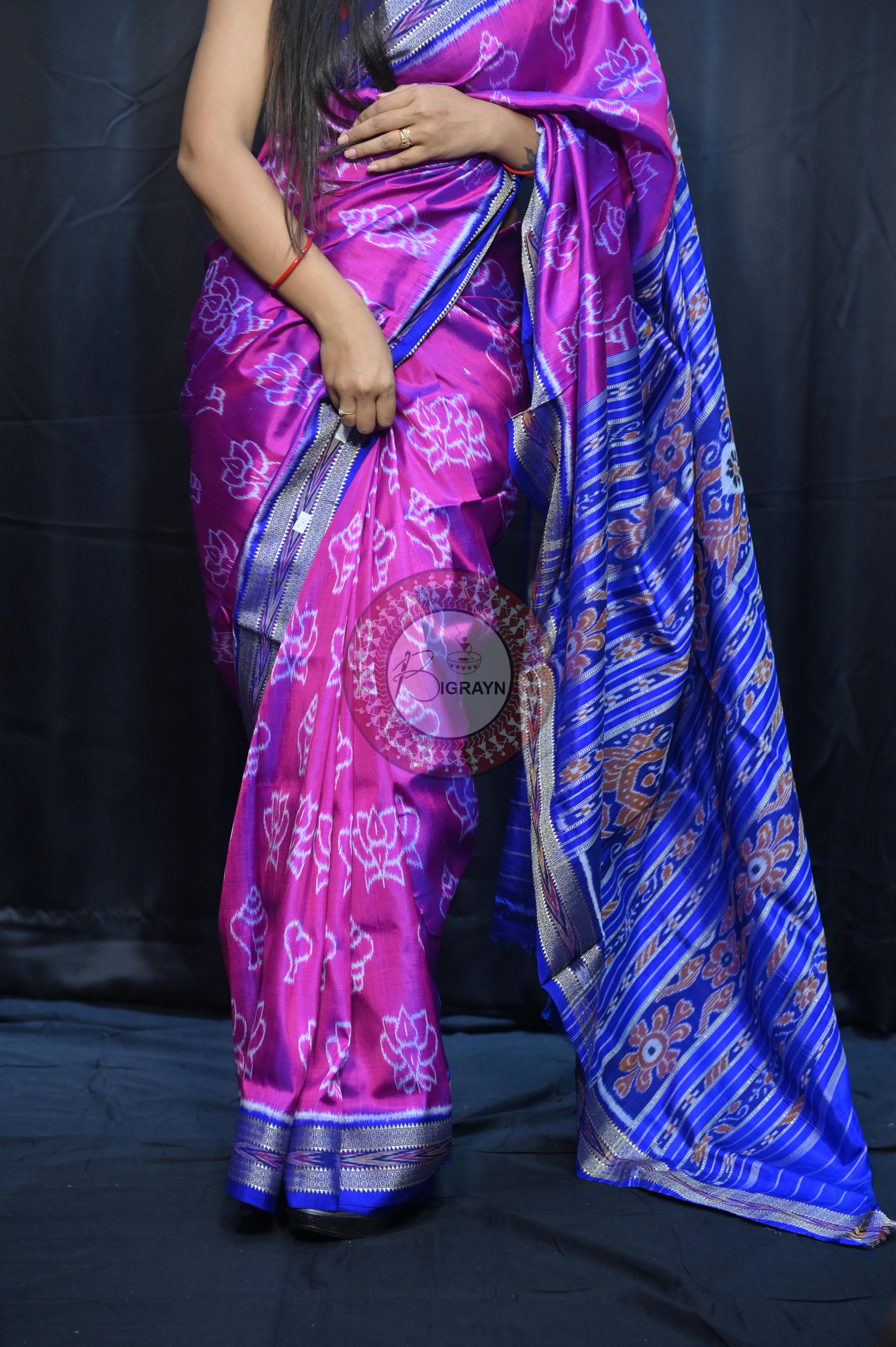 Magenta Blue Lotus And Sankha Design Khandua Silk Saree