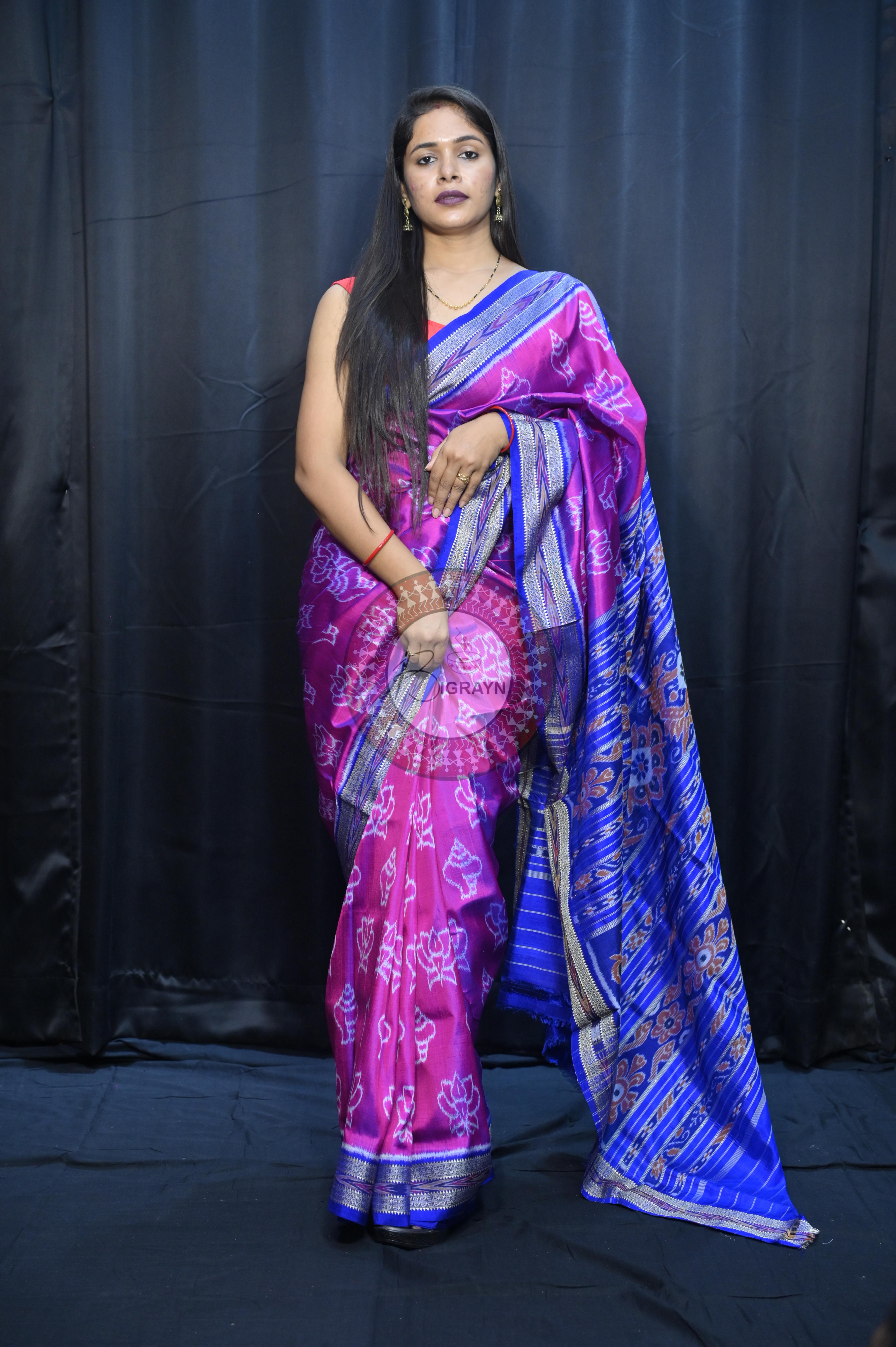 Magenta Blue Lotus And Sankha Design Khandua Silk Saree