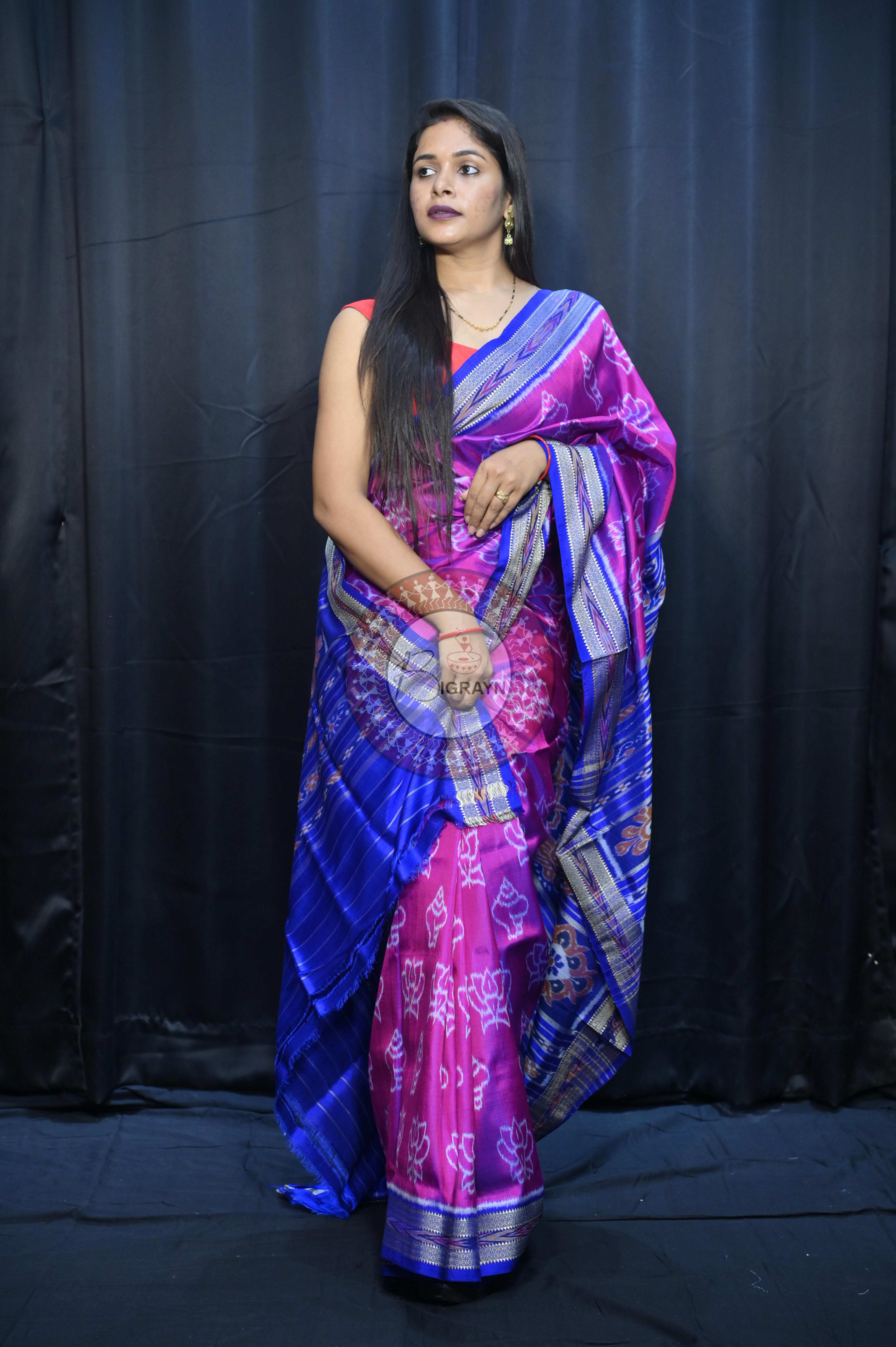 Magenta Blue Lotus And Sankha Design Khandua Silk Saree