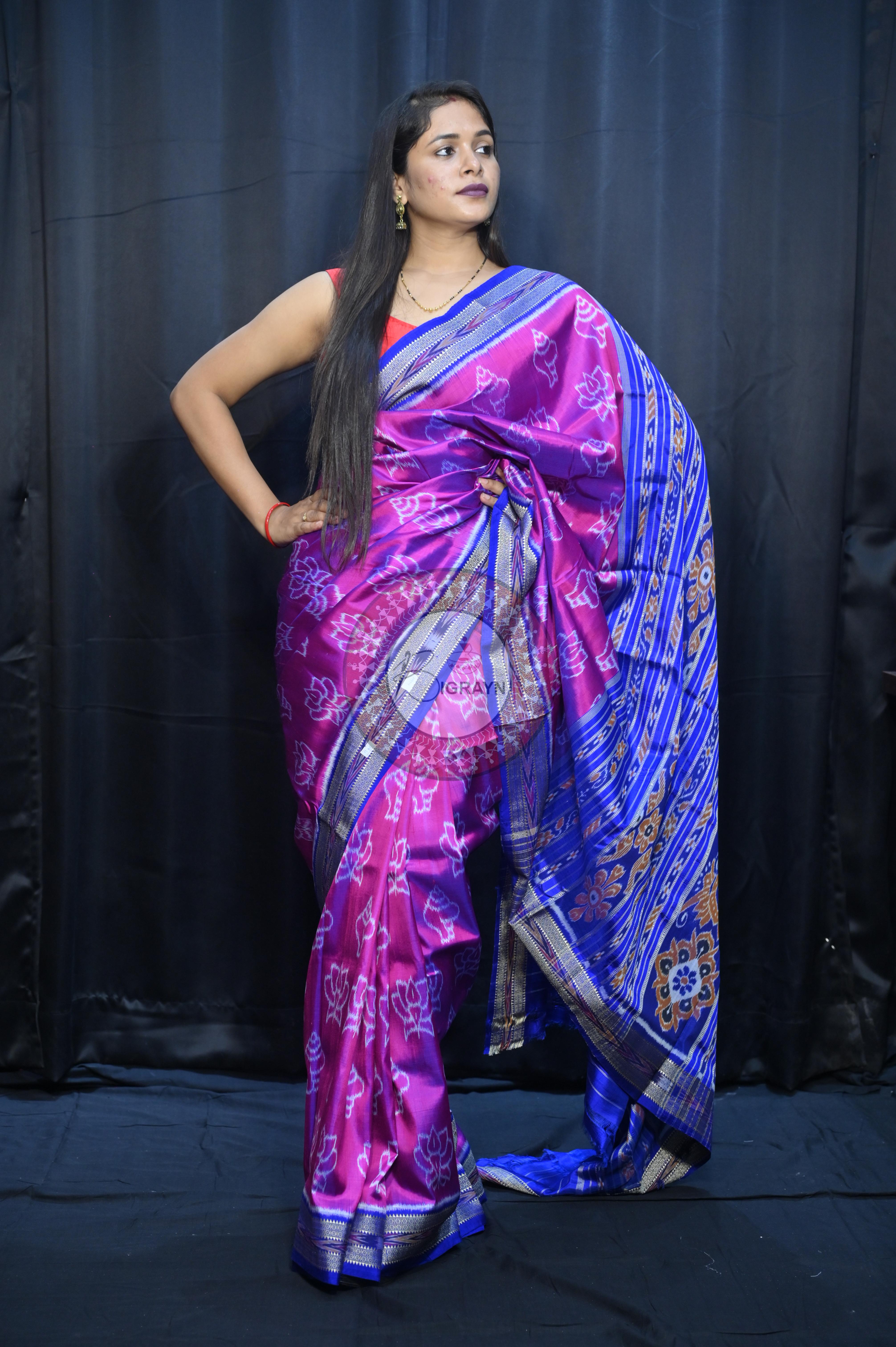 Magenta Blue Lotus And Sankha Design Khandua Silk Saree