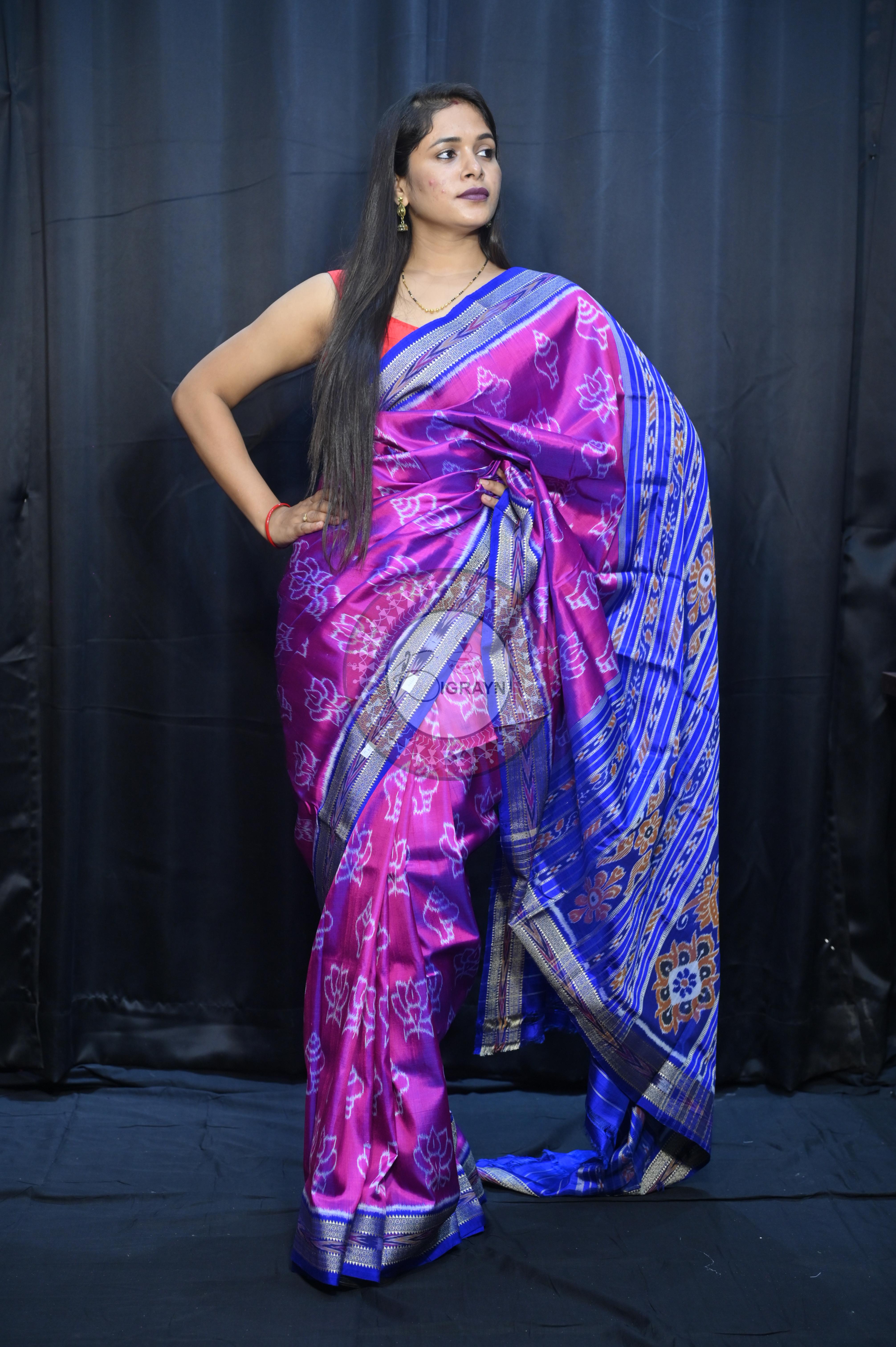 Magenta Blue Lotus And Sankha Design Khandua Silk Saree