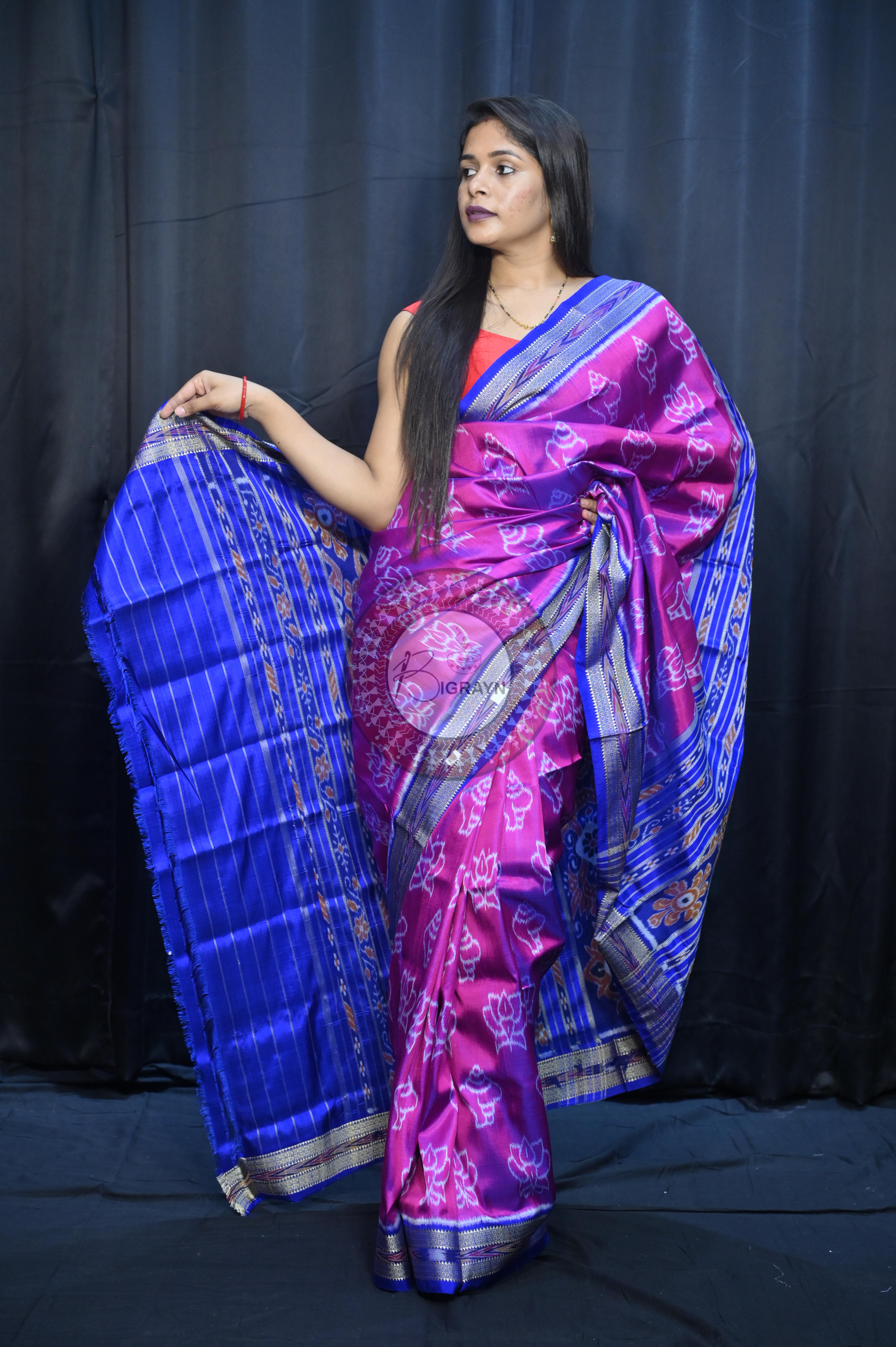 Magenta Blue Lotus And Sankha Design Khandua Silk Saree