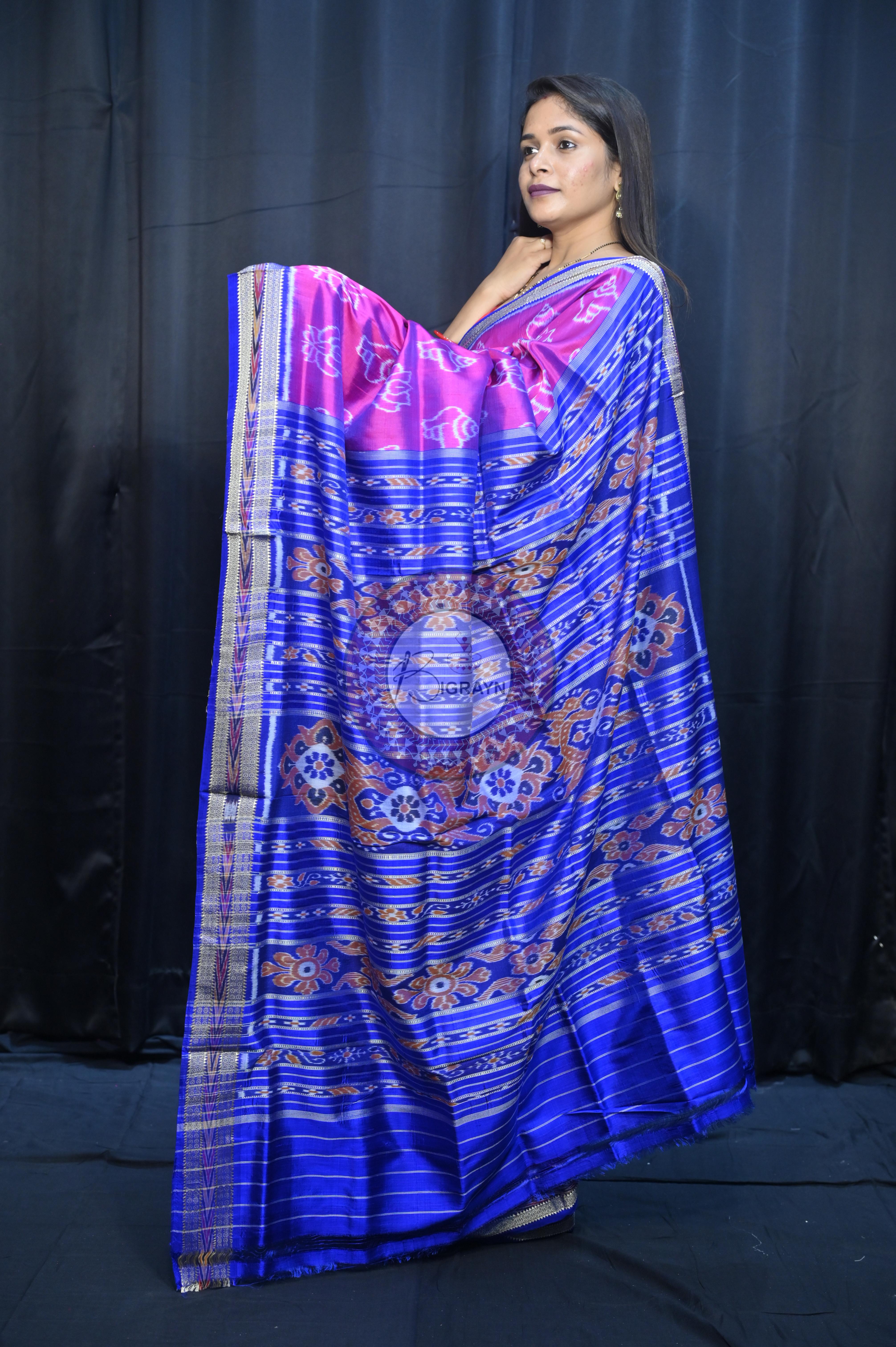 Magenta Blue Lotus And Sankha Design Khandua Silk Saree