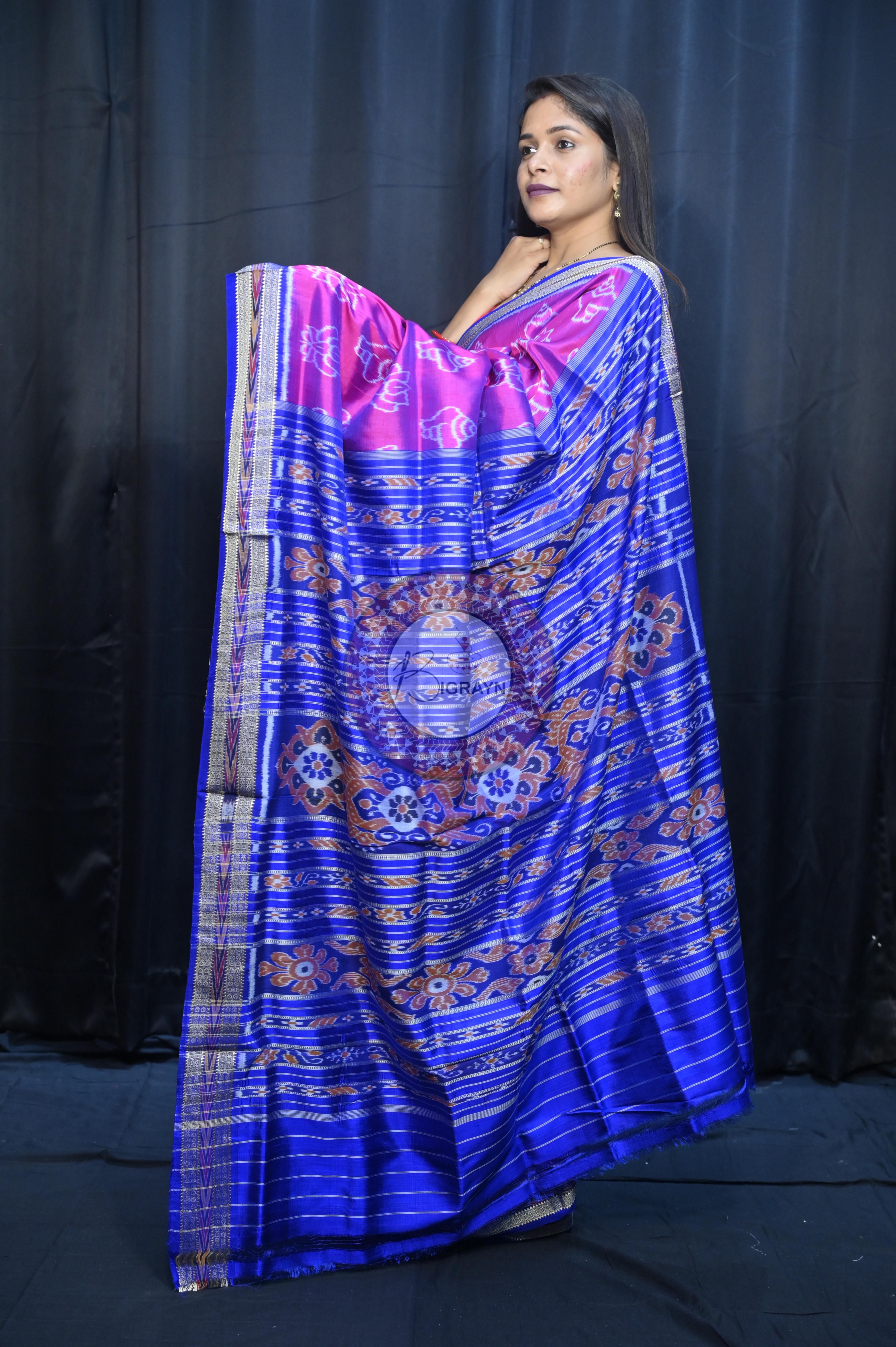 Magenta Blue Lotus And Sankha Design Khandua Silk Saree