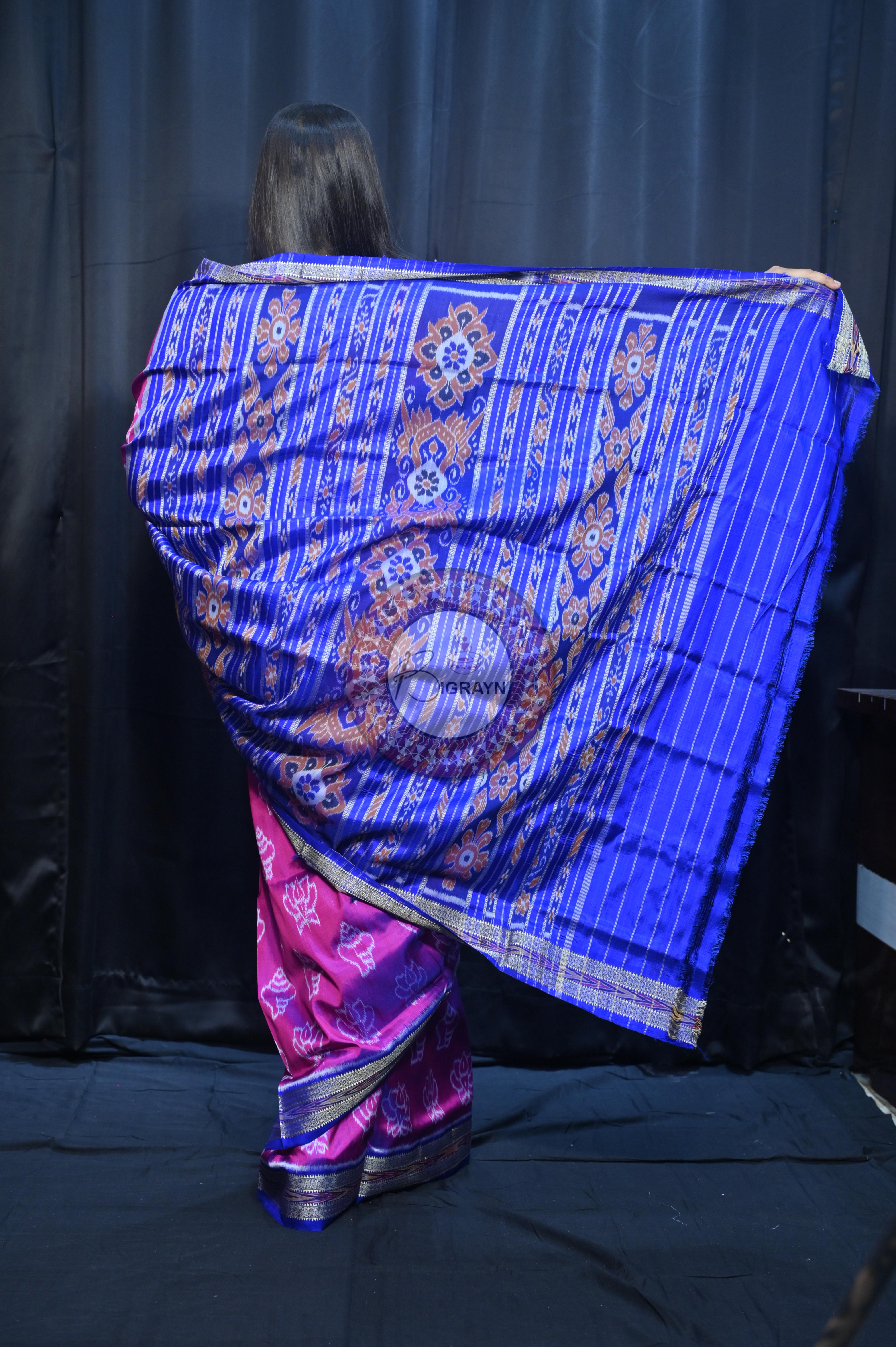 Magenta Blue Lotus And Sankha Design Khandua Silk Saree