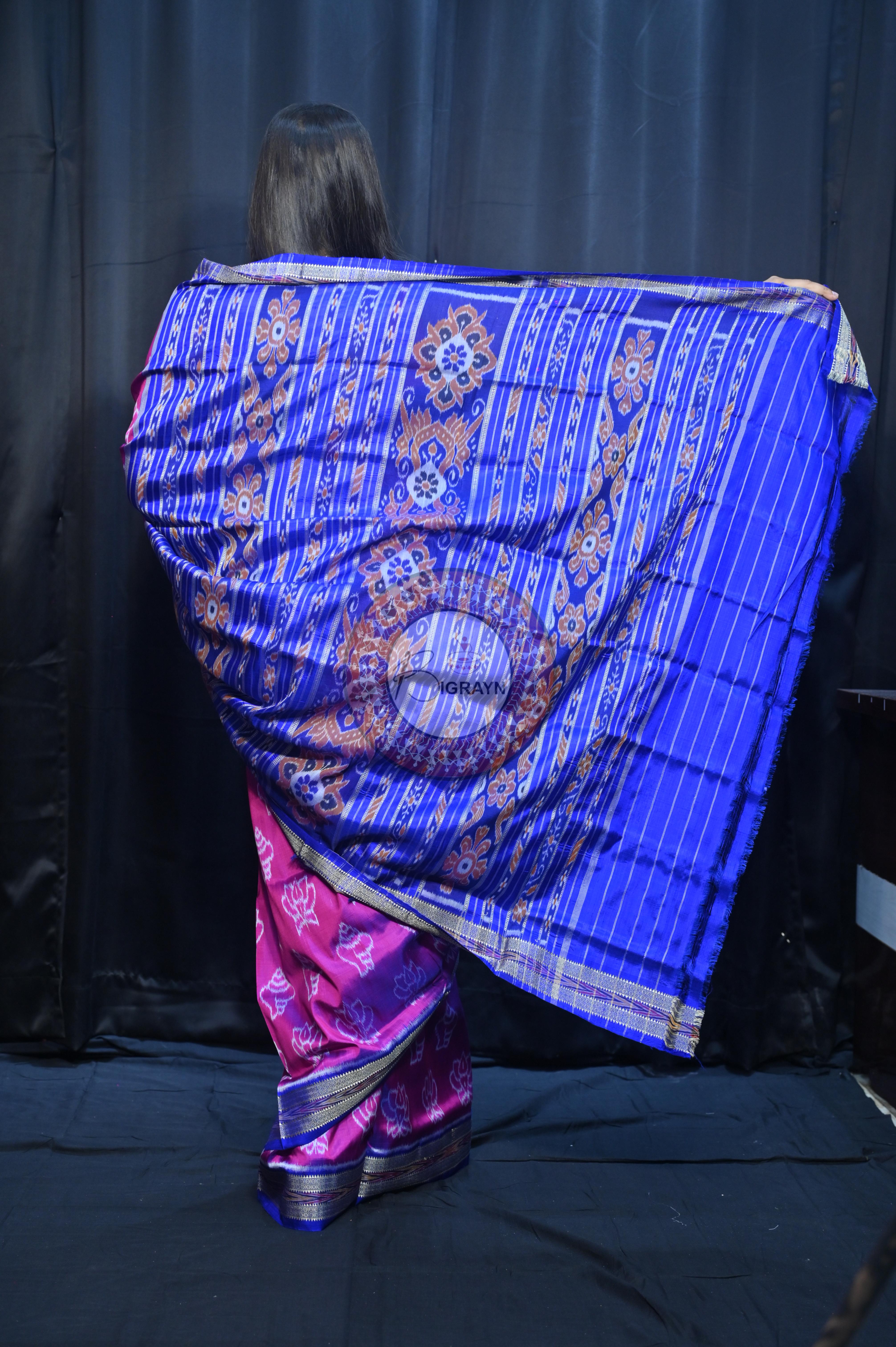 Magenta Blue Lotus And Sankha Design Khandua Silk Saree