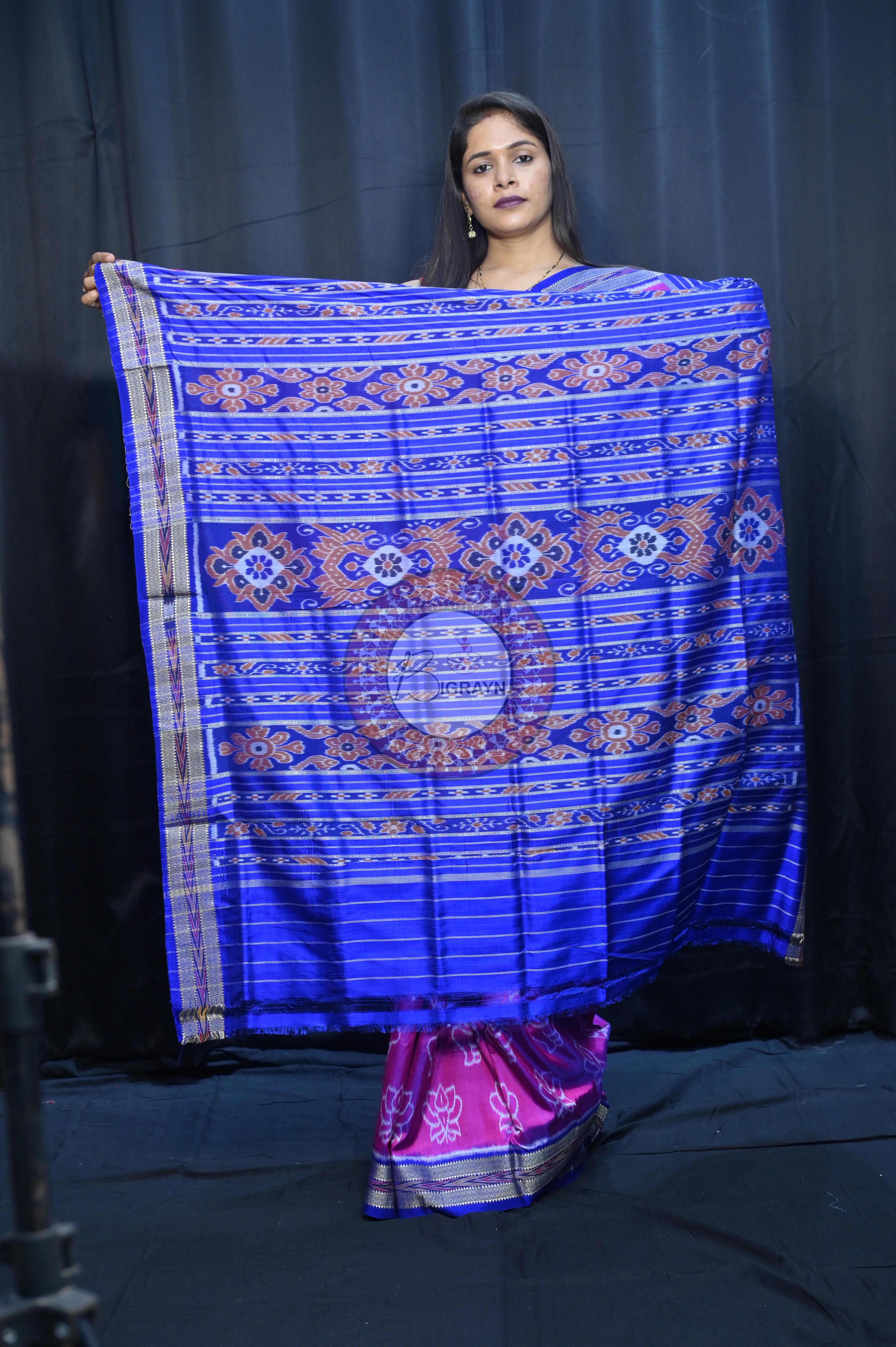 Magenta Blue Lotus And Sankha Design Khandua Silk Saree