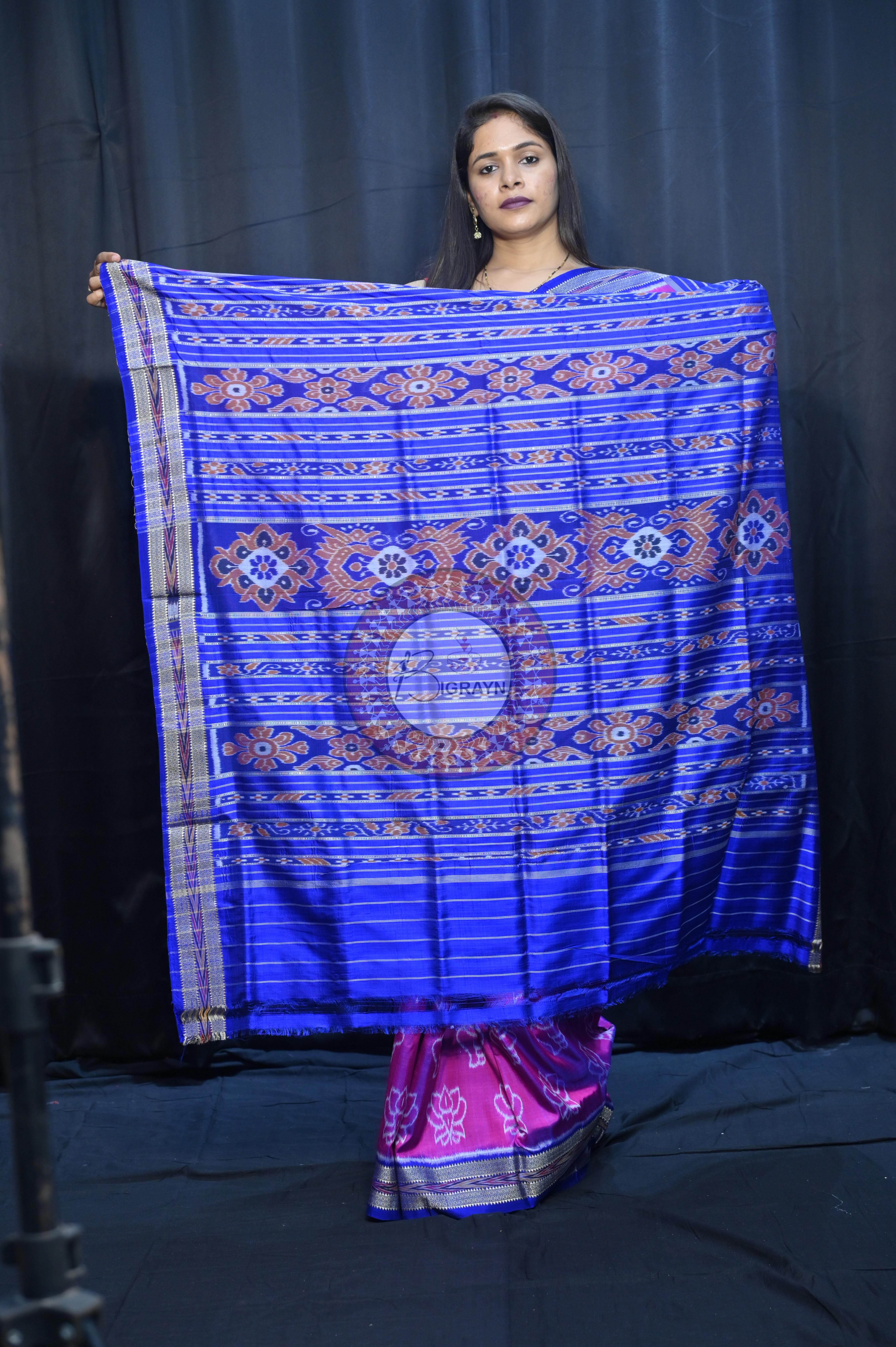 Magenta Blue Lotus And Sankha Design Khandua Silk Saree