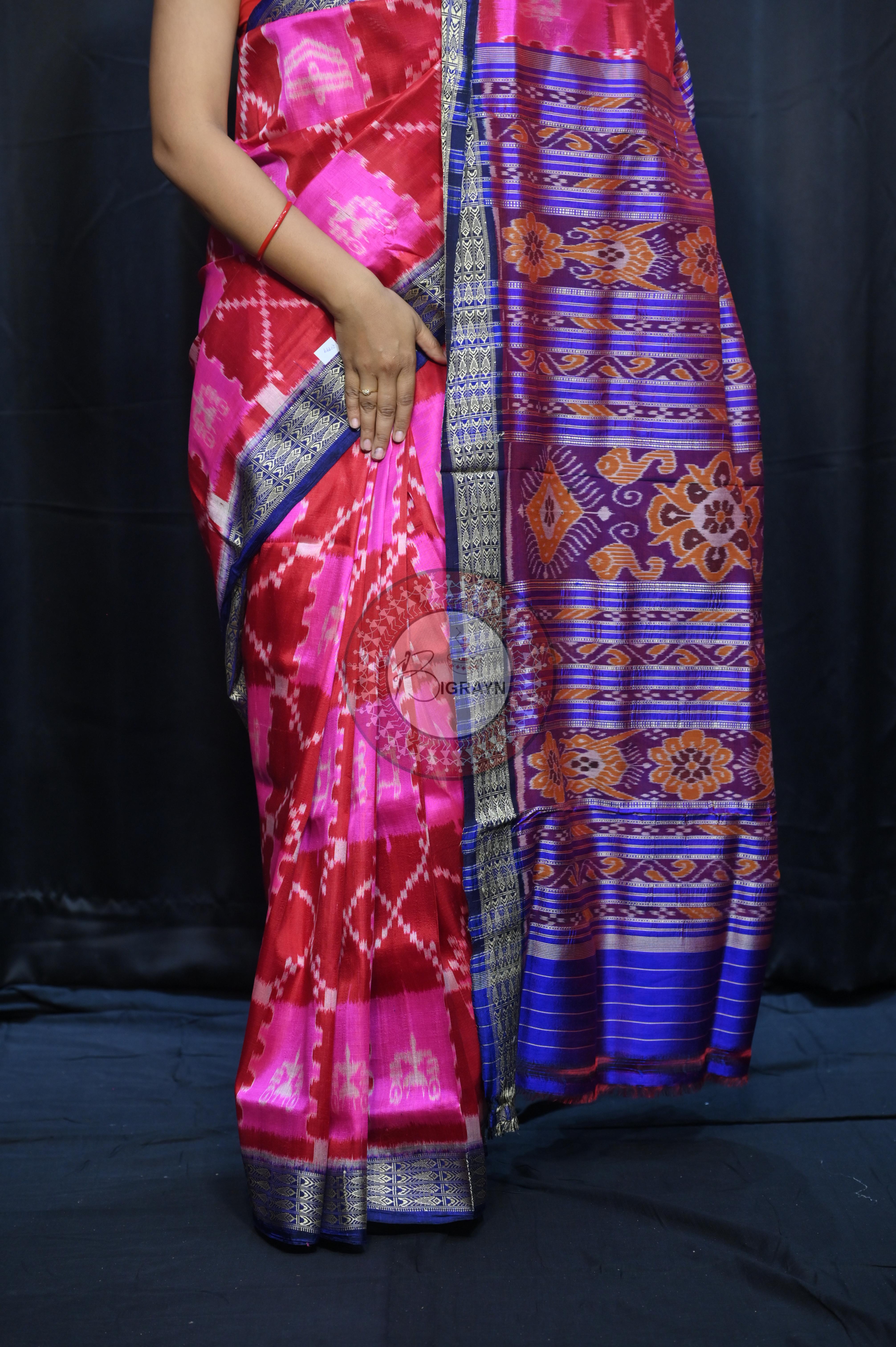 Pink Maroon Blue Tribal And House Design Mulberry Silk Saree