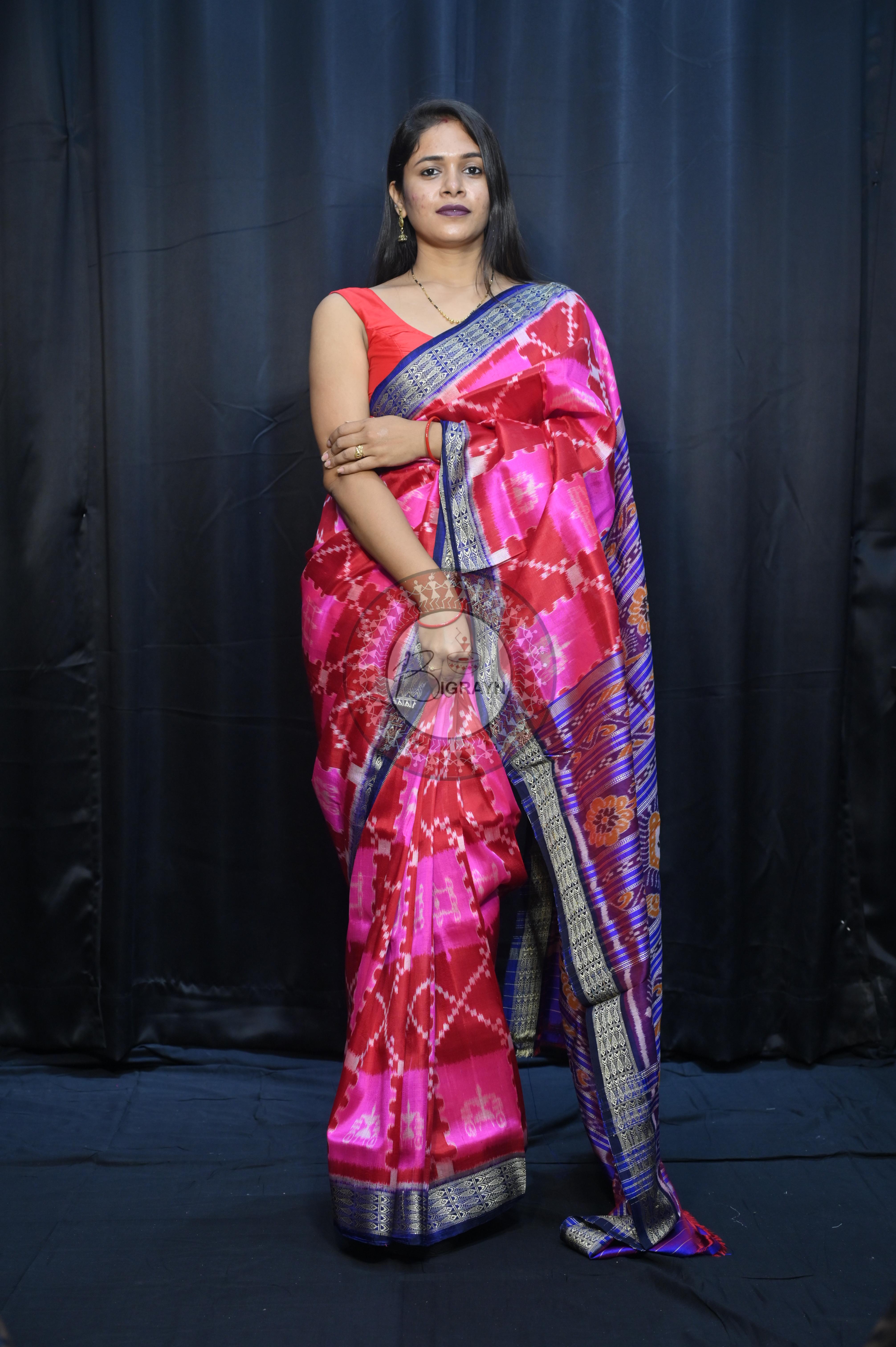 Pink Maroon Blue Tribal And House Design Mulberry Silk Saree