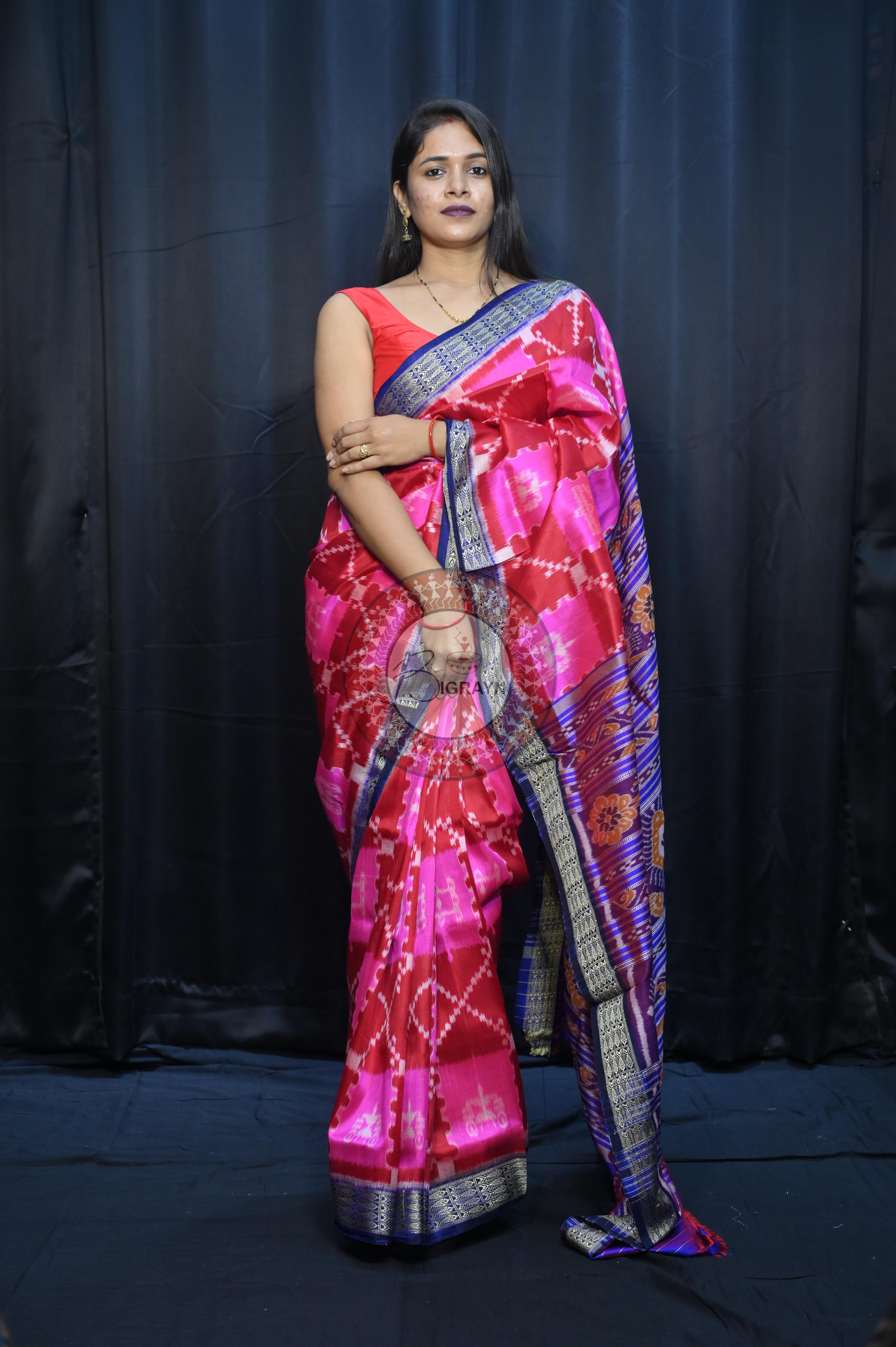 Pink Maroon Blue Tribal And House Design Mulberry Silk Saree