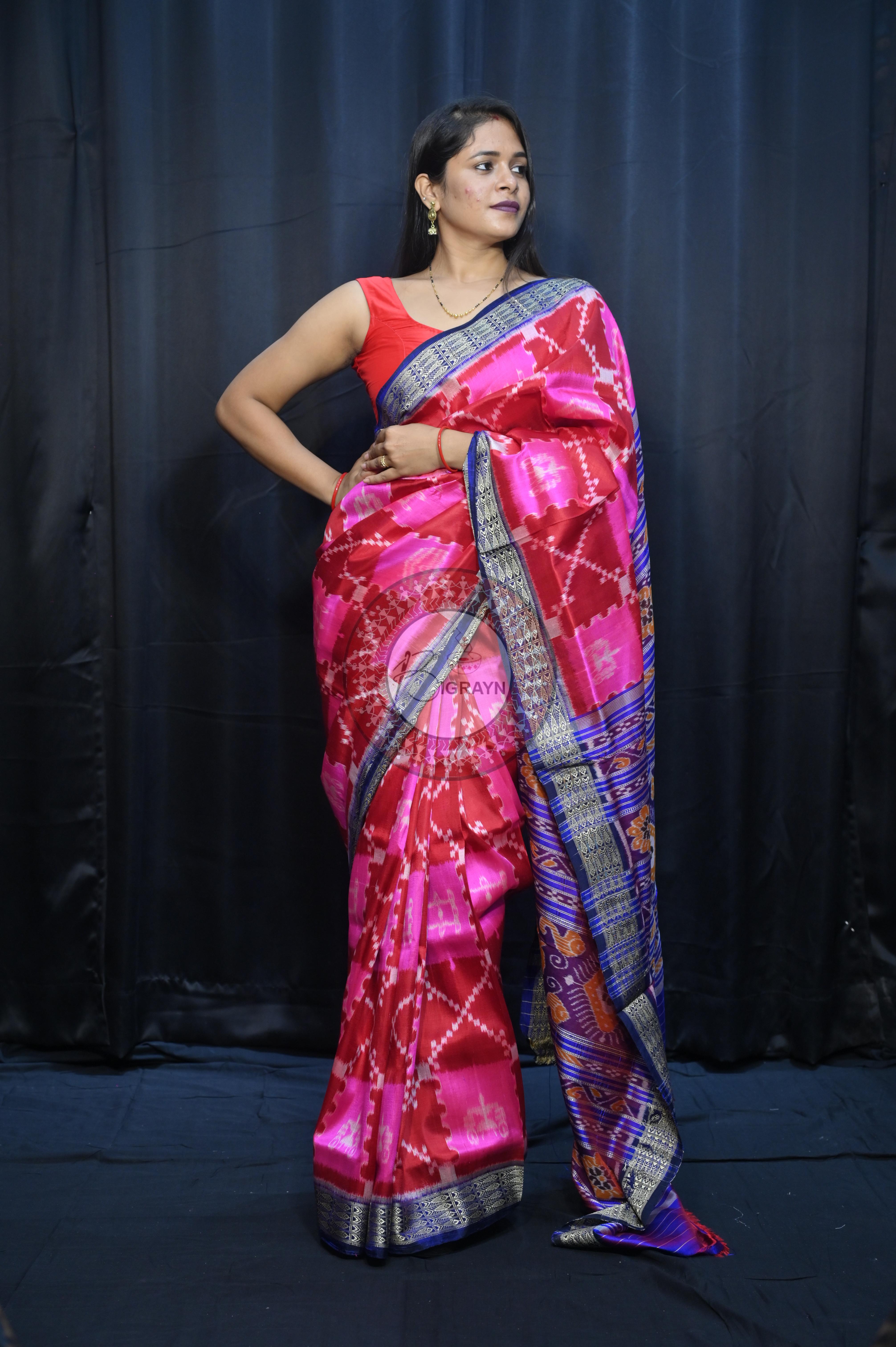 Pink Maroon Blue Tribal And House Design Mulberry Silk Saree