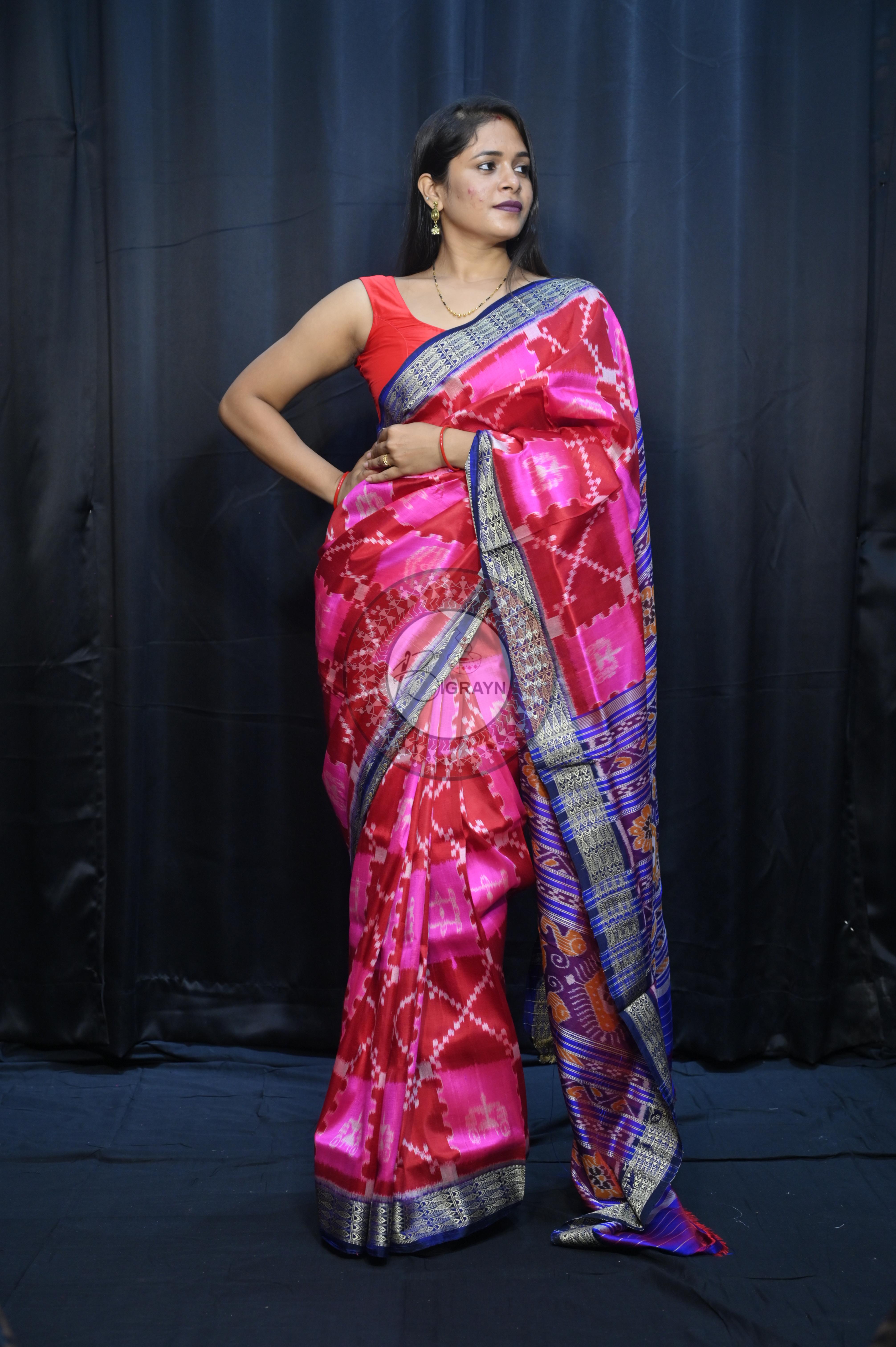 Pink Maroon Blue Tribal And House Design Mulberry Silk Saree
