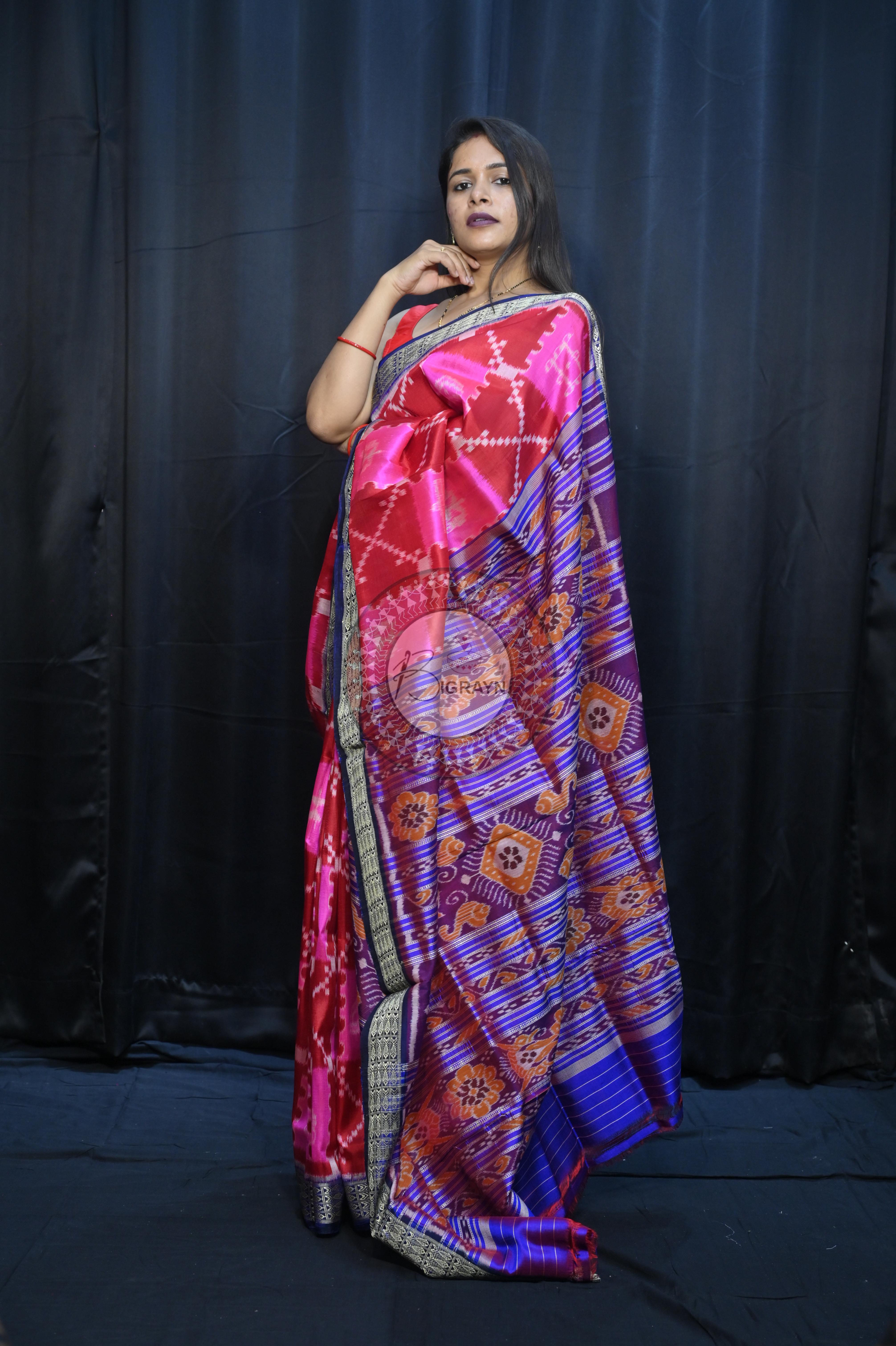 Pink Maroon Blue Tribal And House Design Mulberry Silk Saree