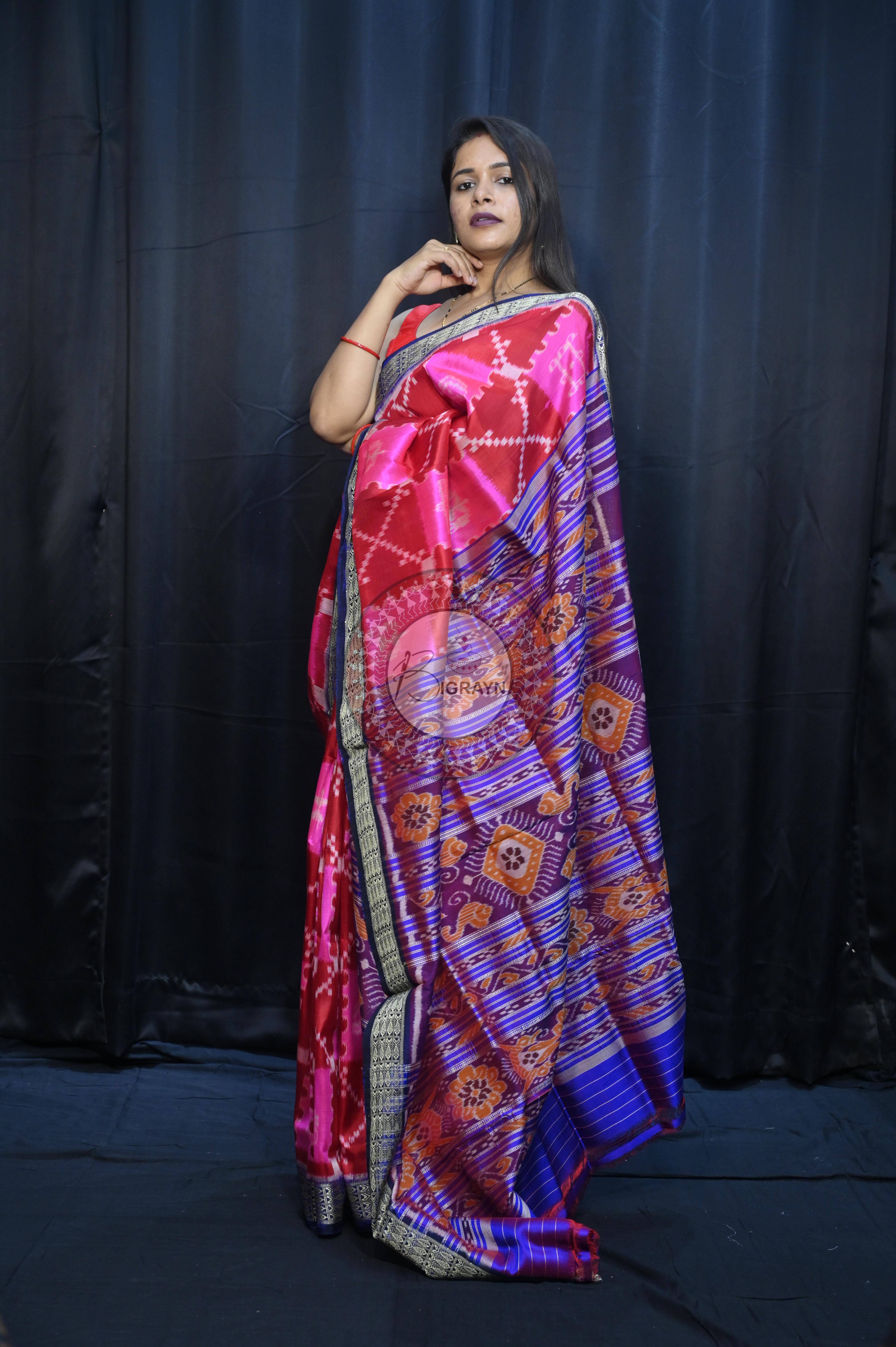 Pink Maroon Blue Tribal And House Design Mulberry Silk Saree