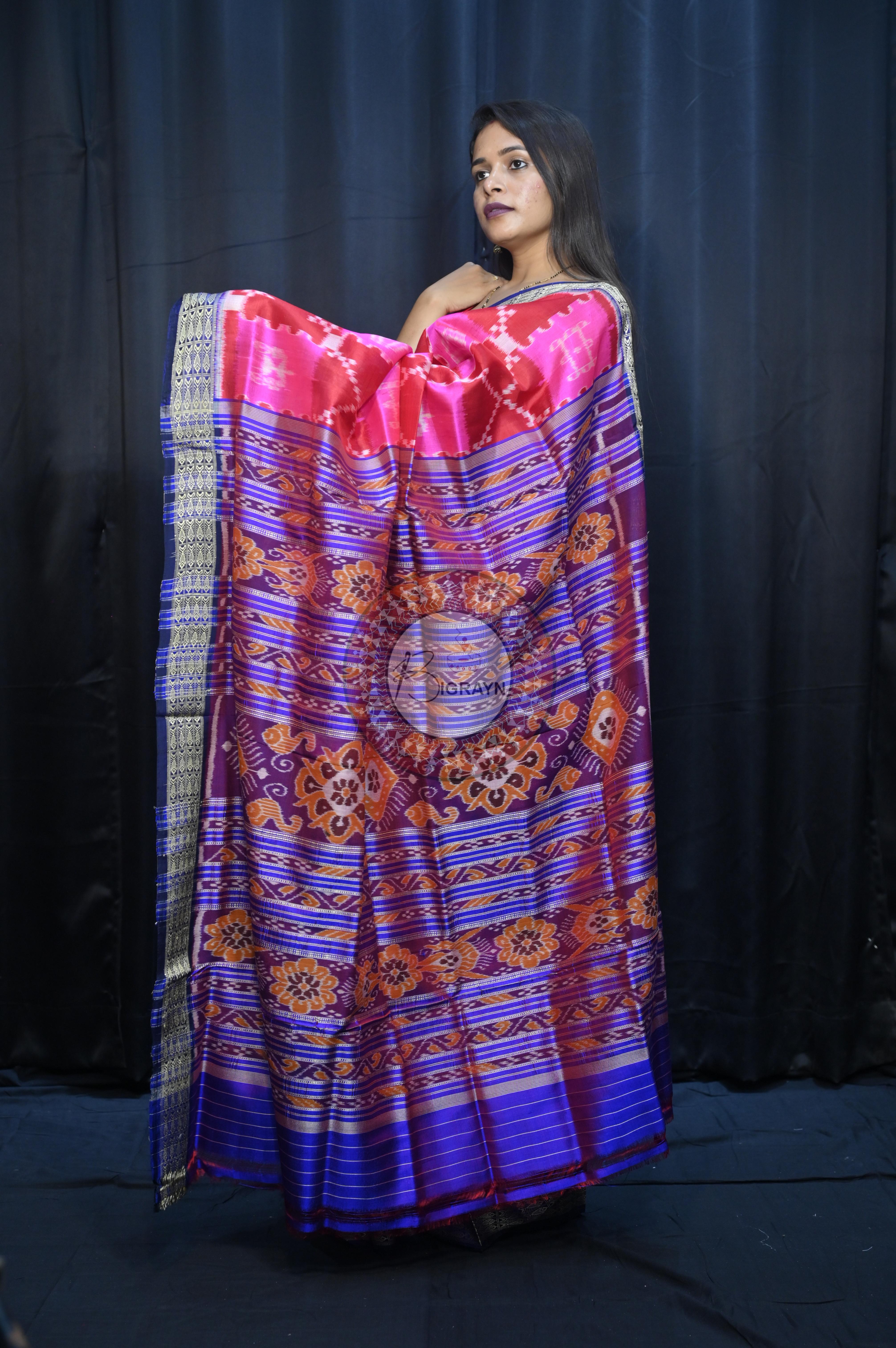 Pink Maroon Blue Tribal And House Design Mulberry Silk Saree