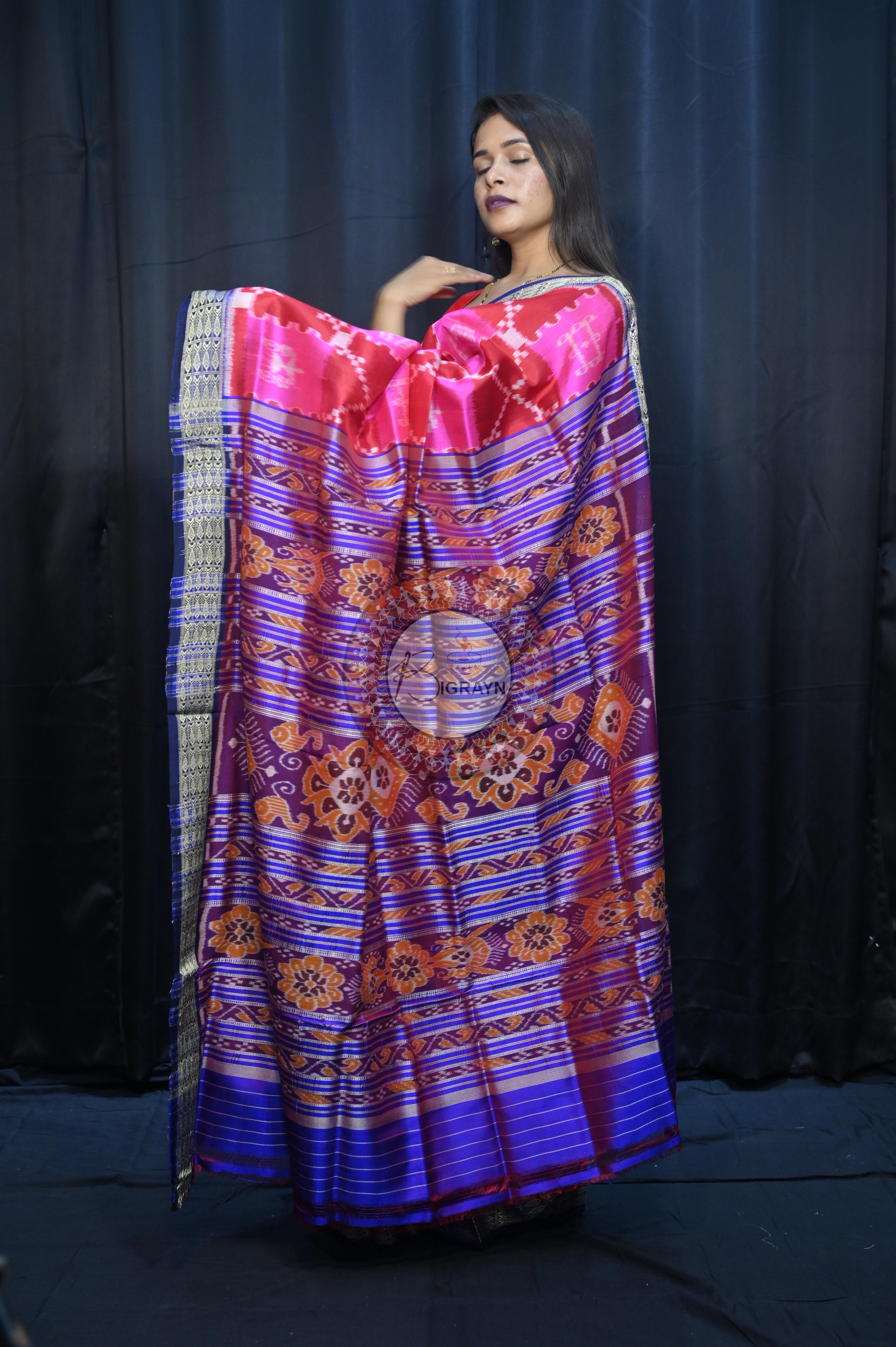 Pink Maroon Blue Tribal And House Design Mulberry Silk Saree