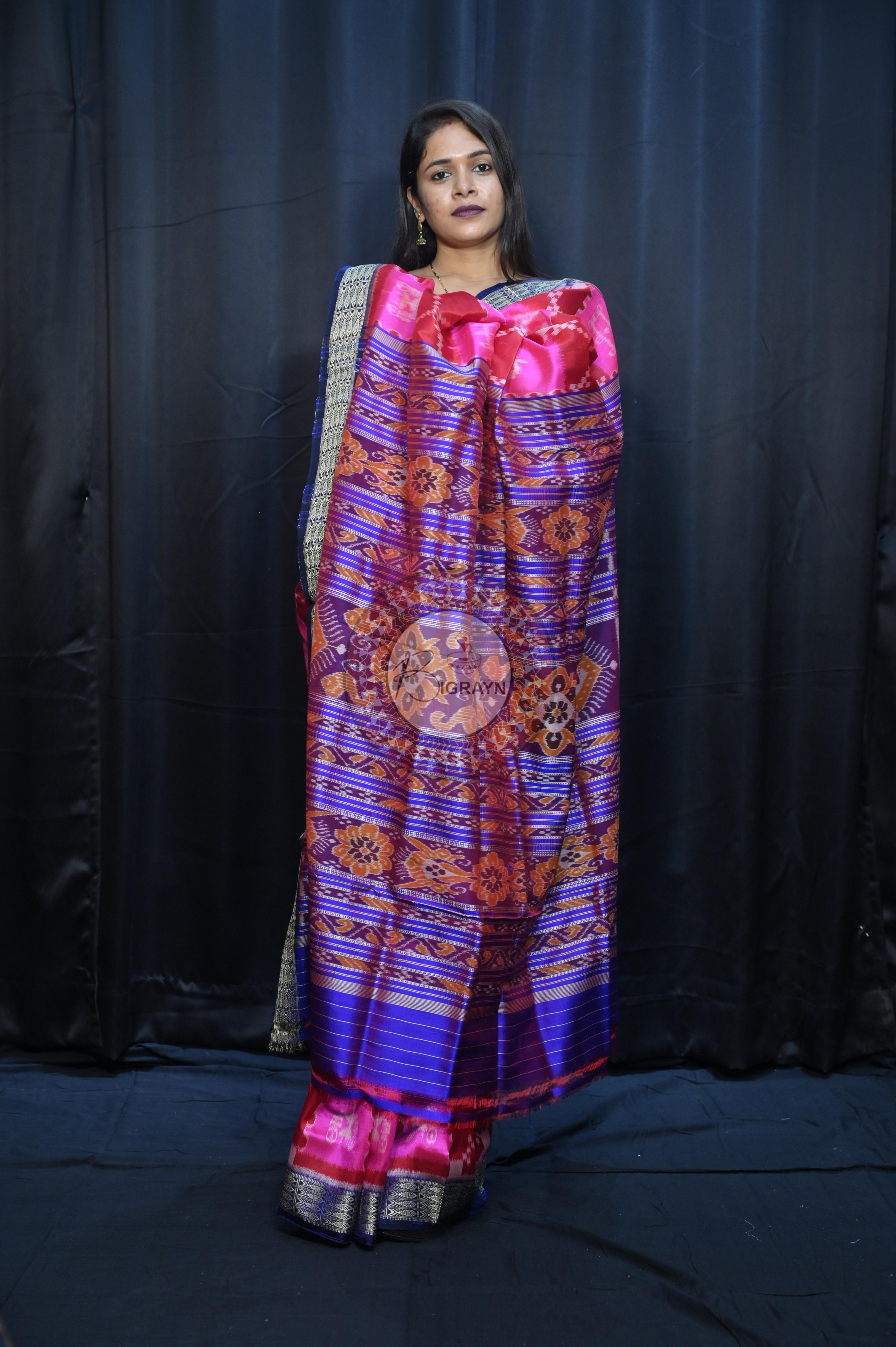 Pink Maroon Blue Tribal And House Design Mulberry Silk Saree