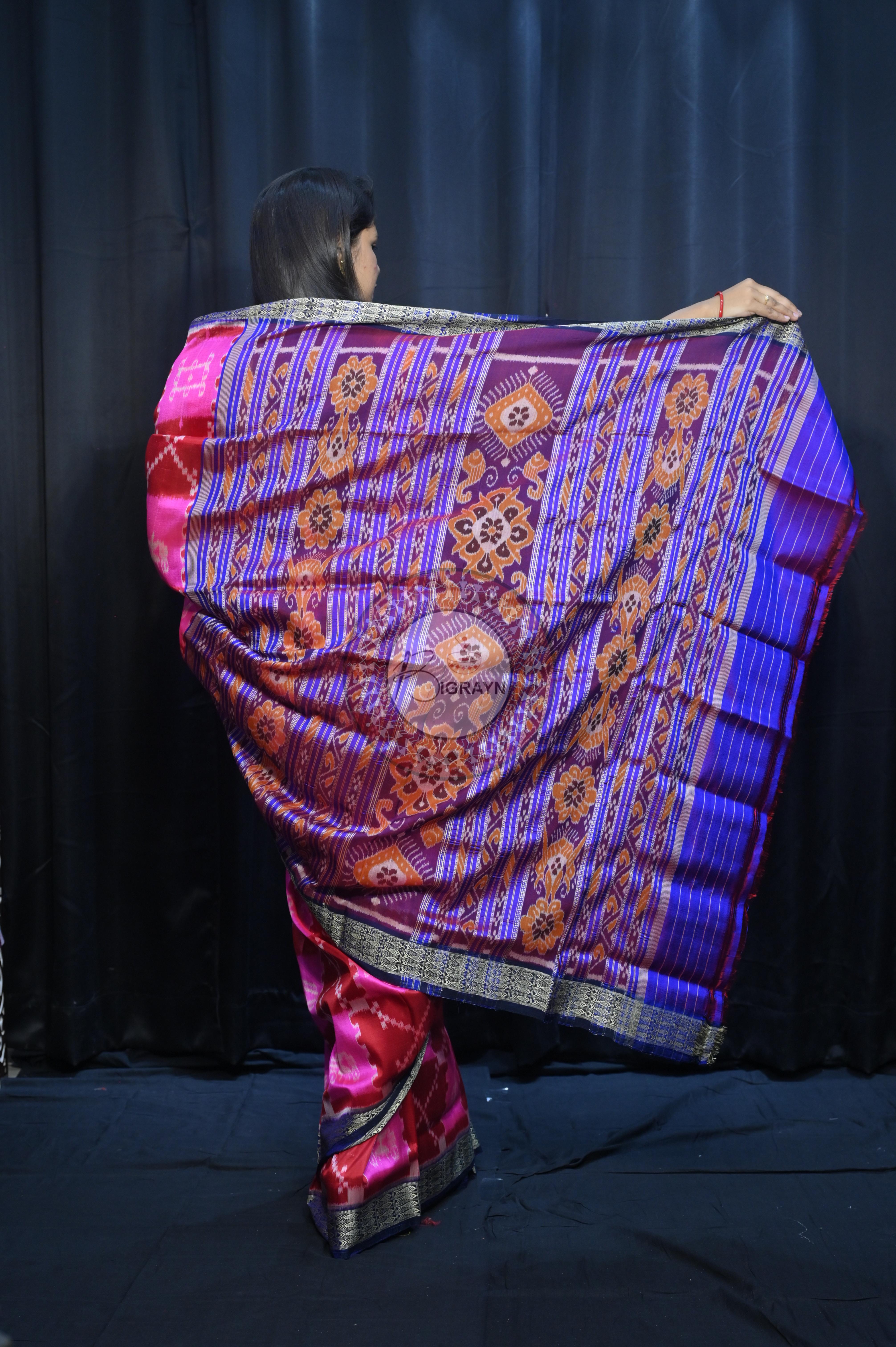 Pink Maroon Blue Tribal And House Design Mulberry Silk Saree