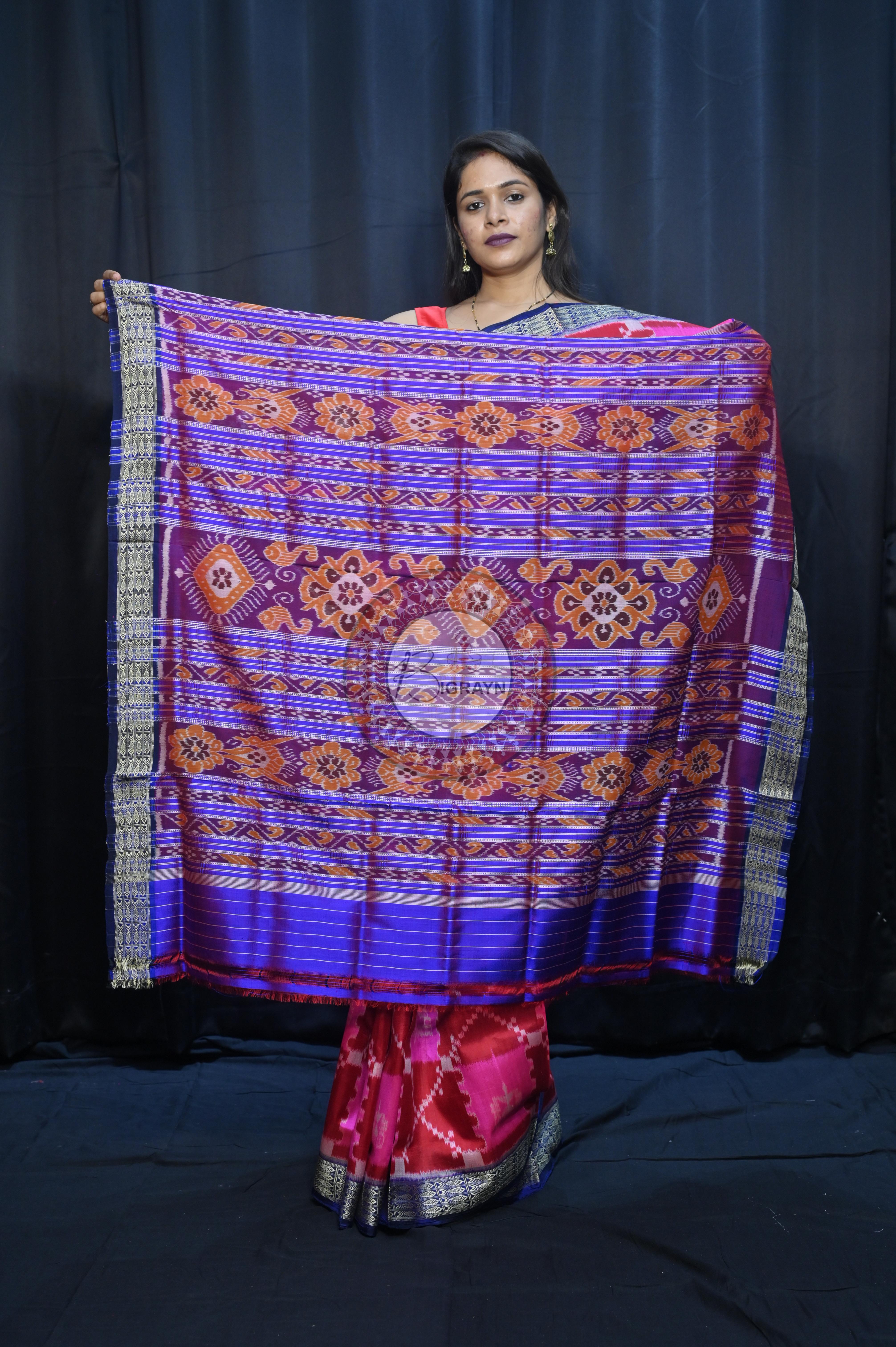 Pink Maroon Blue Tribal And House Design Mulberry Silk Saree