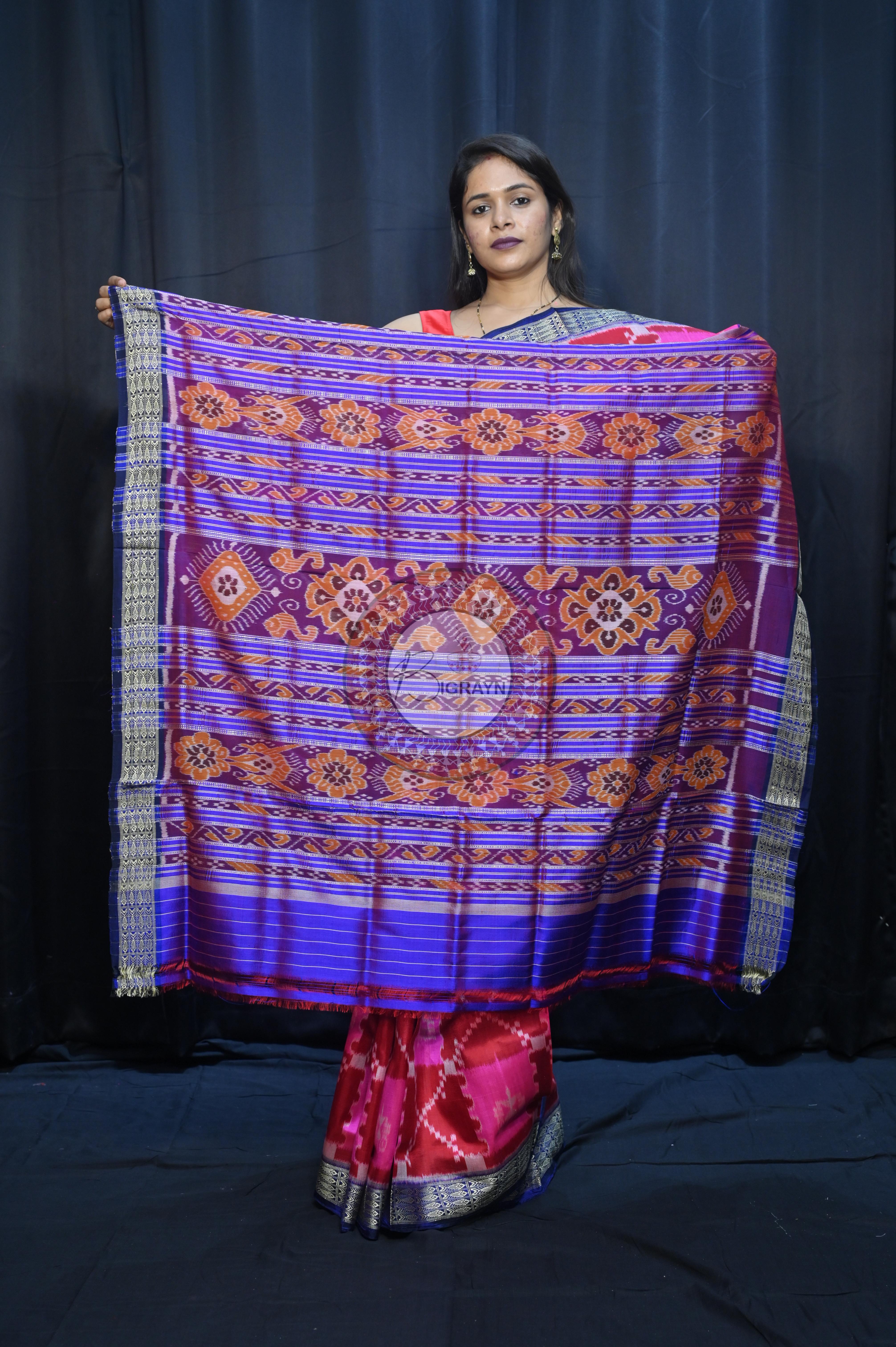 Pink Maroon Blue Tribal And House Design Mulberry Silk Saree