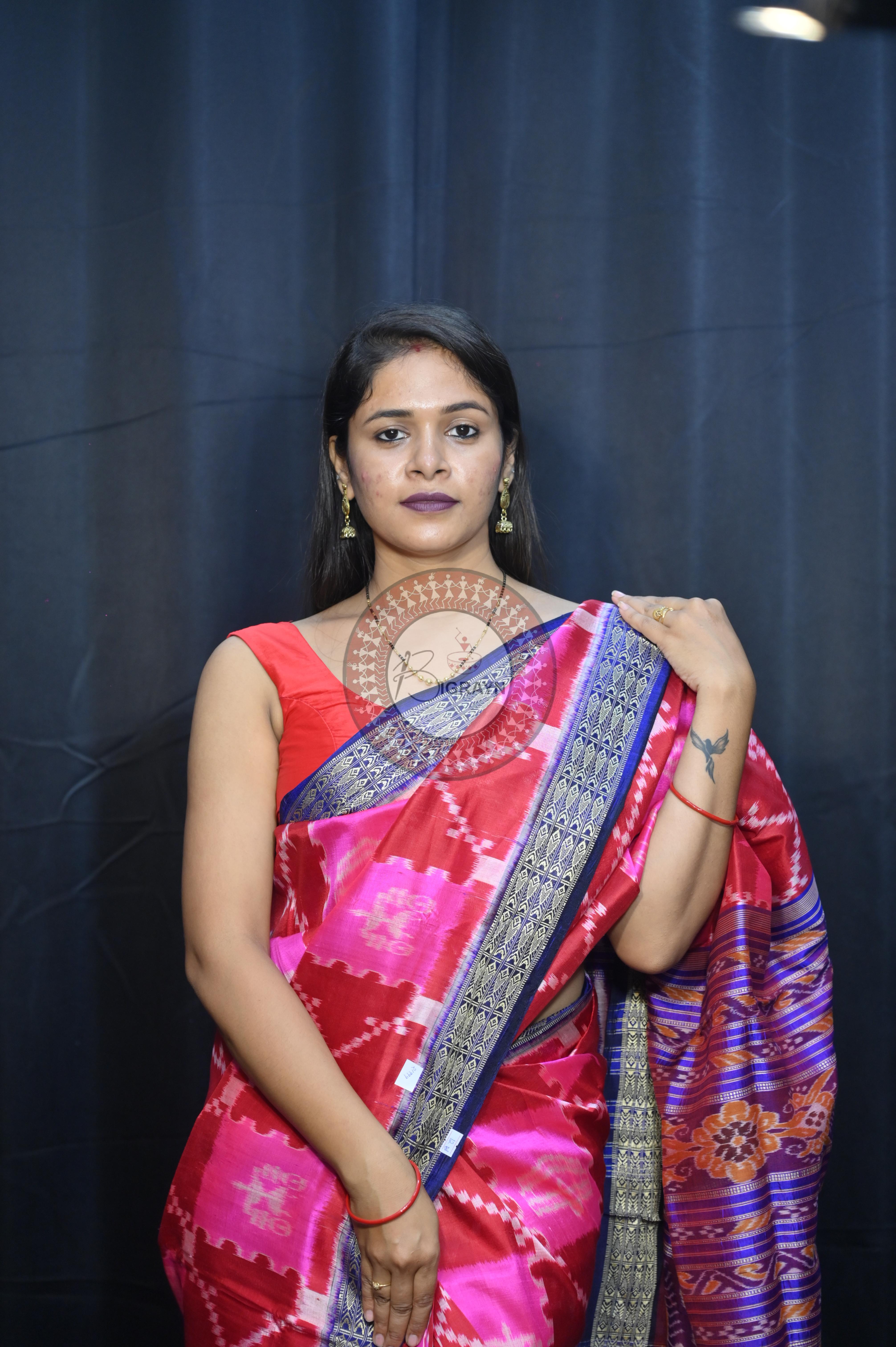Pink Maroon Blue Tribal And House Design Mulberry Silk Saree