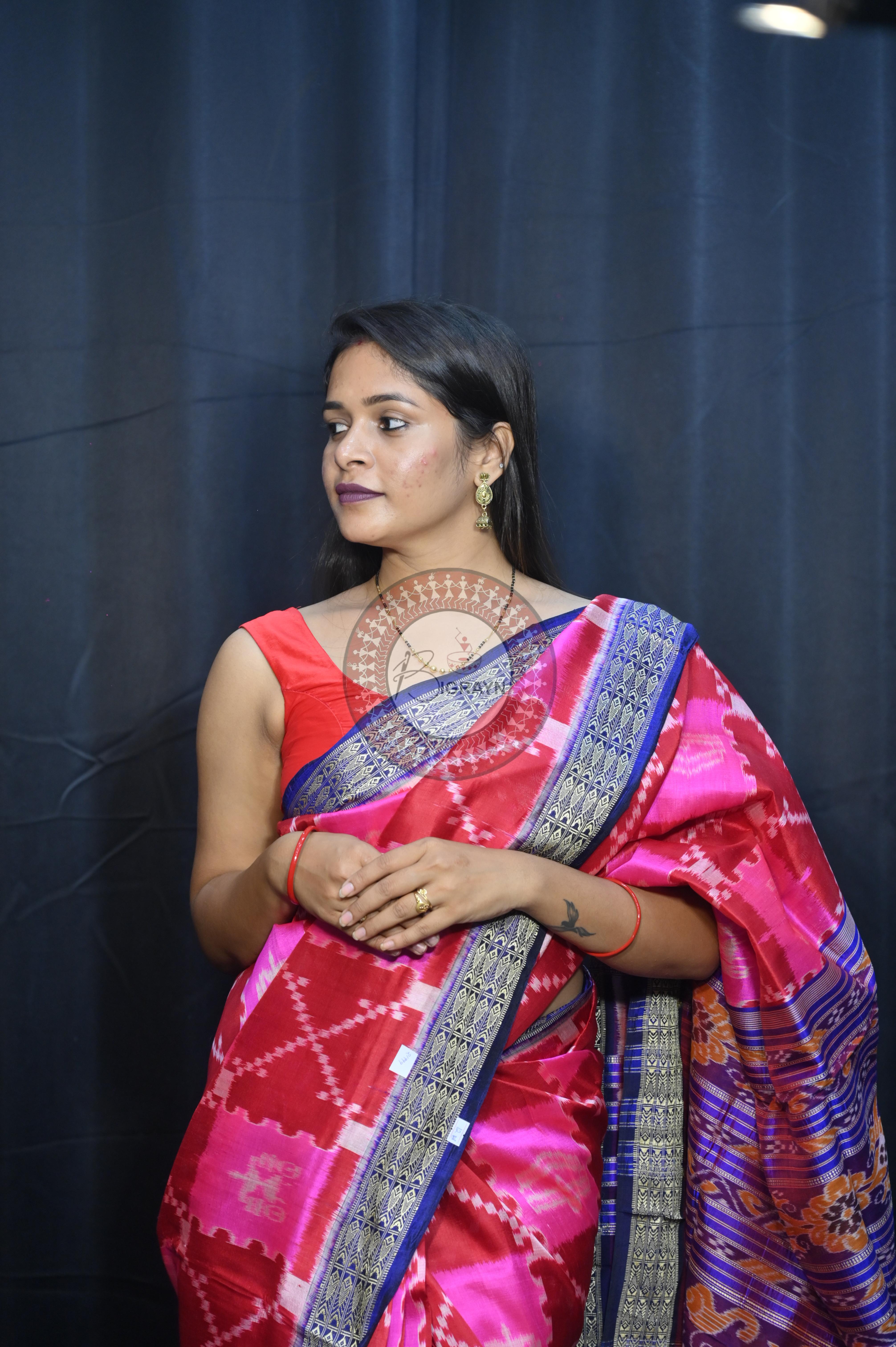 Pink Maroon Blue Tribal And House Design Mulberry Silk Saree