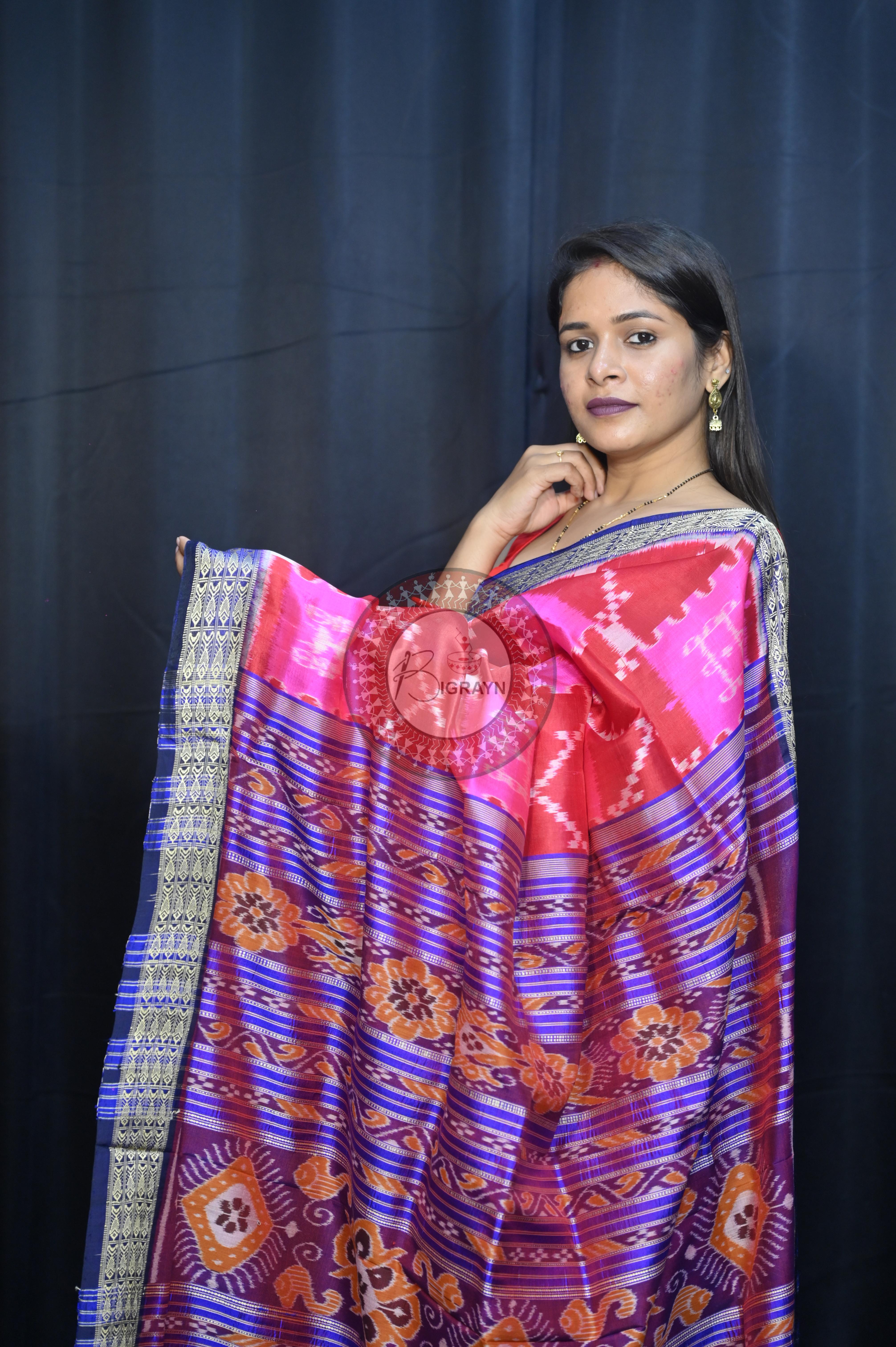 Pink Maroon Blue Tribal And House Design Mulberry Silk Saree