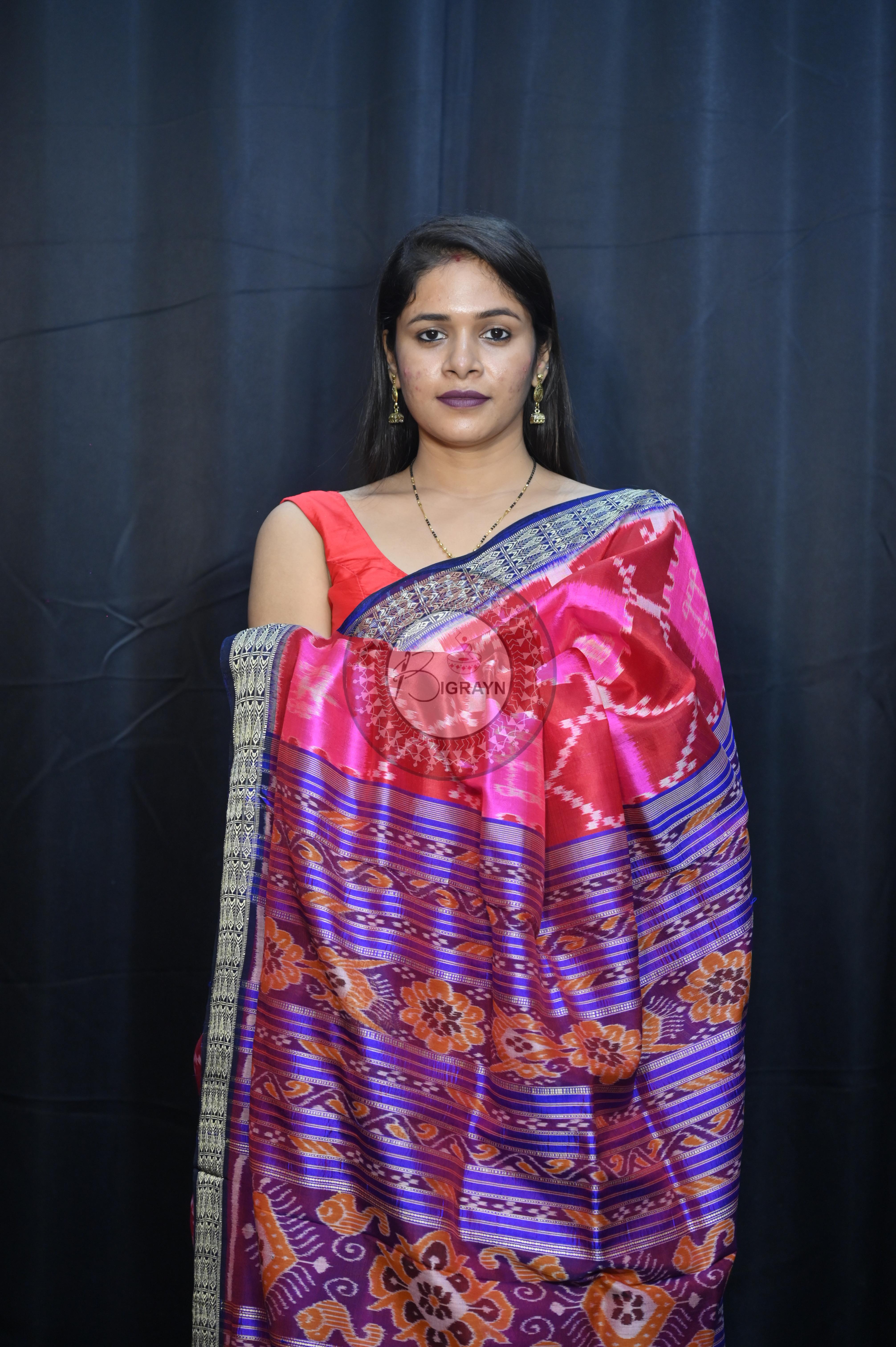 Pink Maroon Blue Tribal And House Design Mulberry Silk Saree