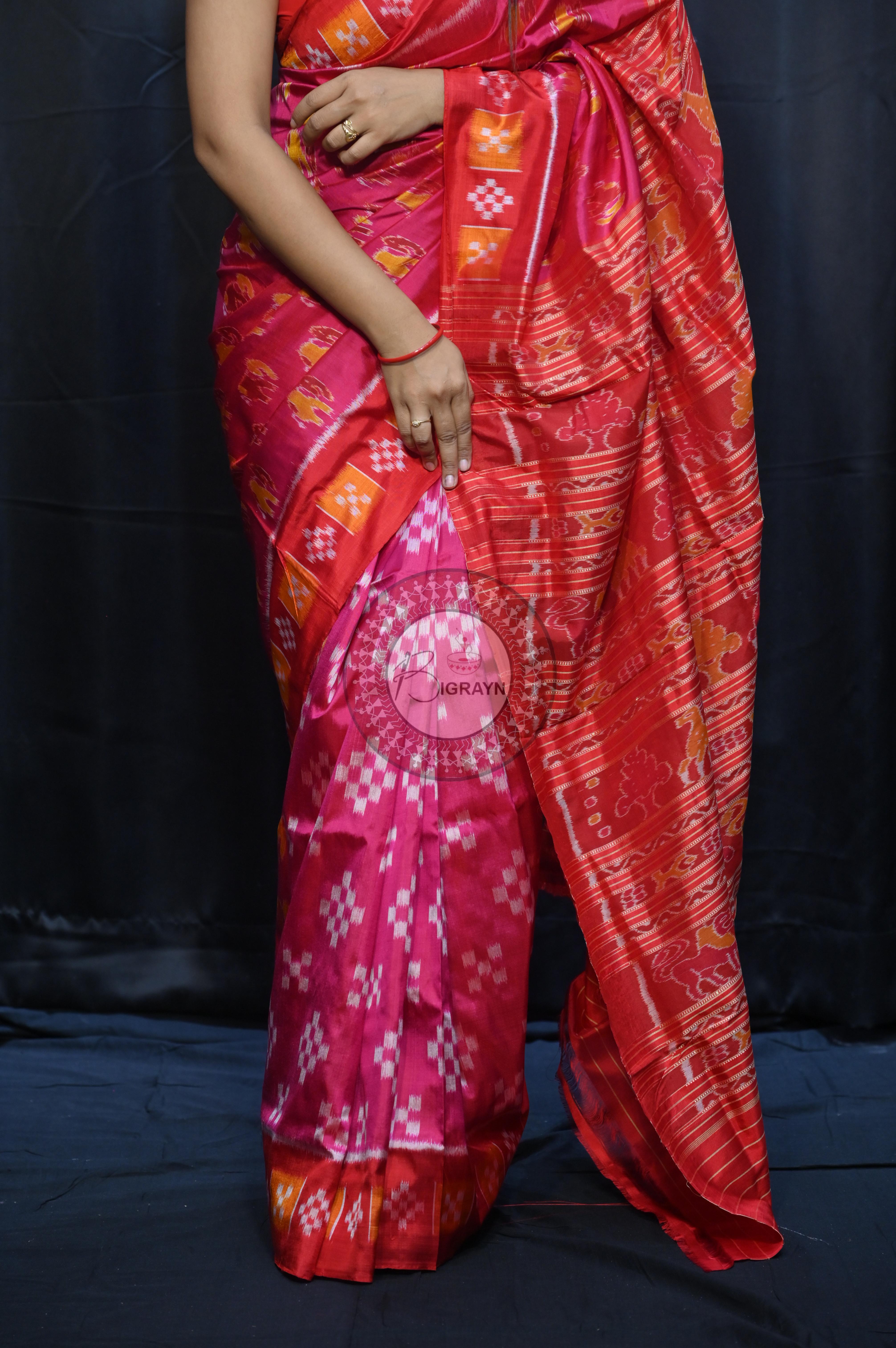 Magenta Red Partly Design Elephant Mulberry Silk Saree