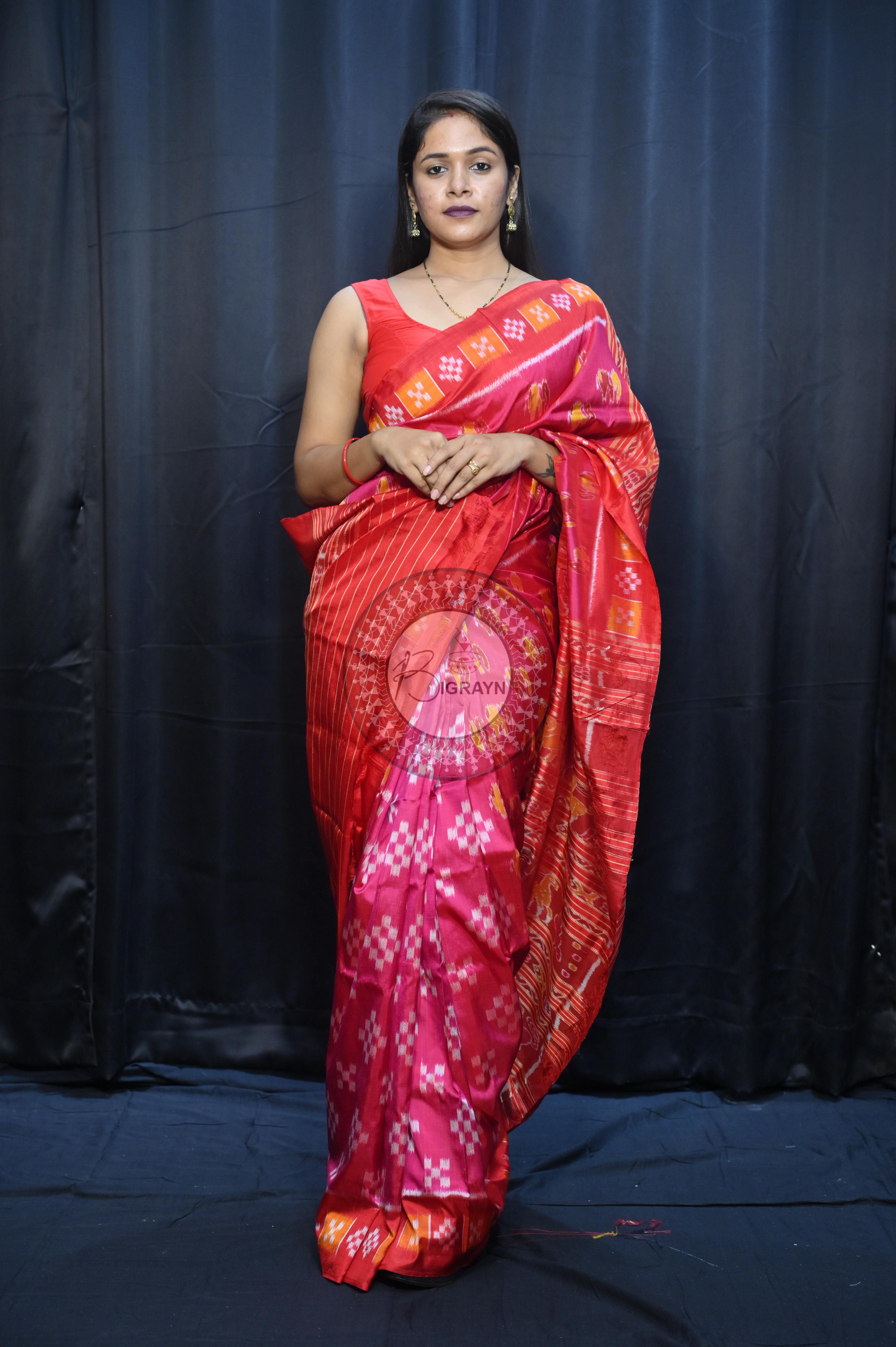 Magenta Red Partly Design Elephant Mulberry Silk Saree
